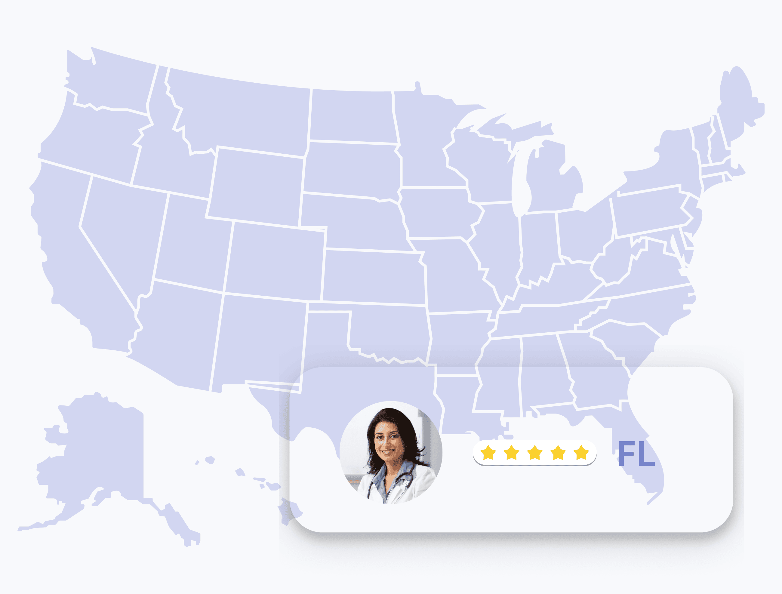 map of the united states highlighting florida and the dermatologist's five stars ratings