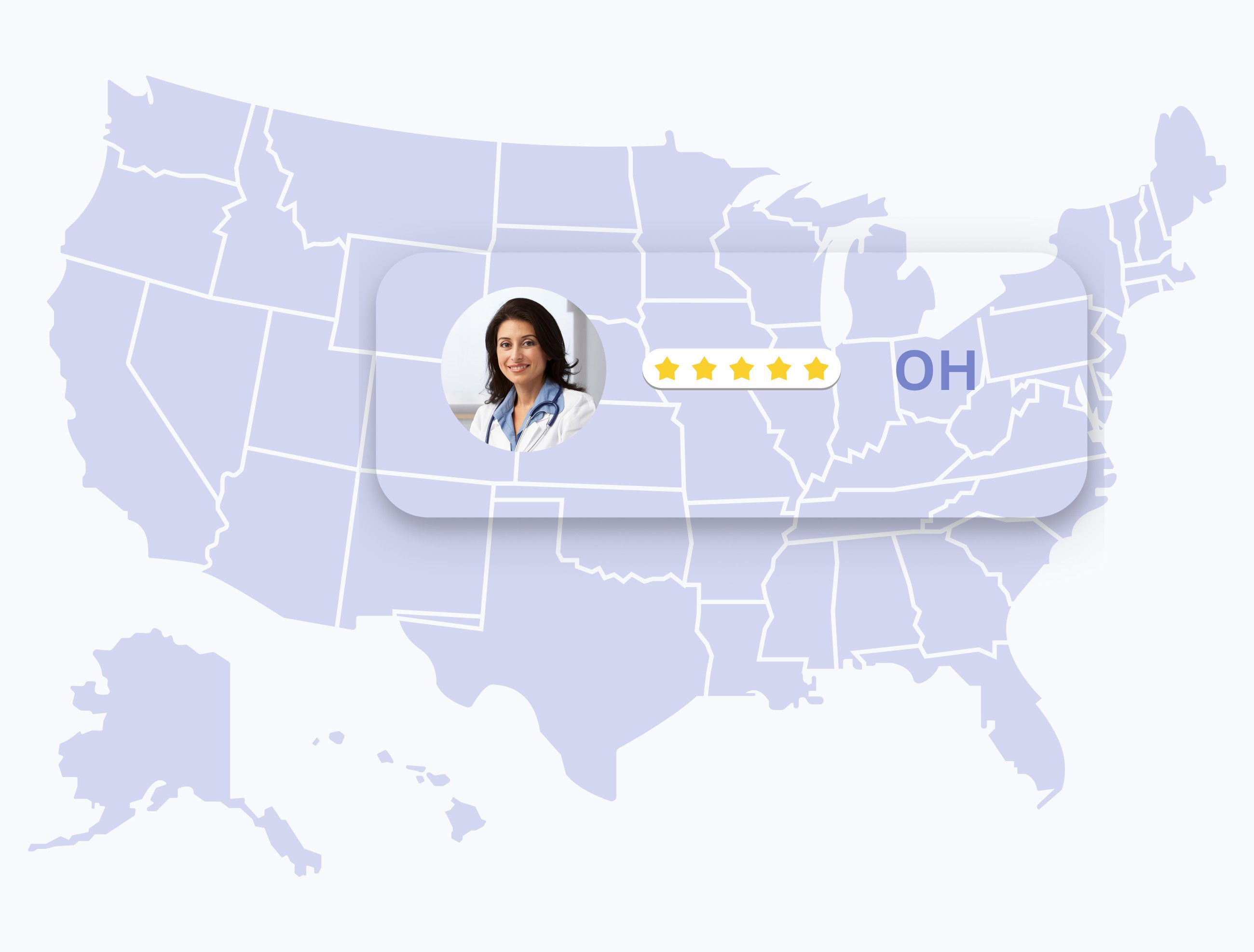 map of the united states highlighting ohio and the dermatologist's five stars ratings