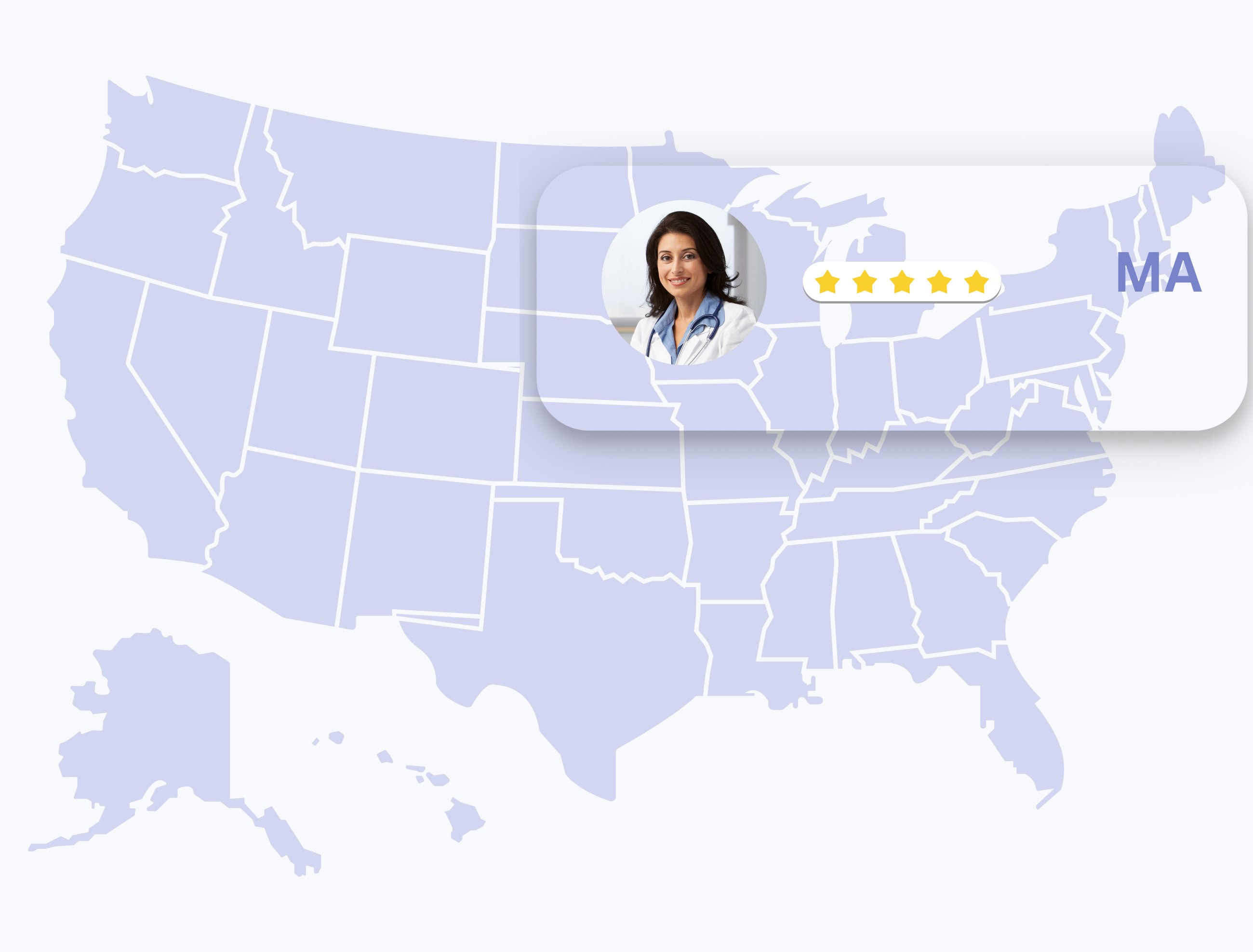 map of the united states highlighting massachusetts and the dermatologist's five stars ratings