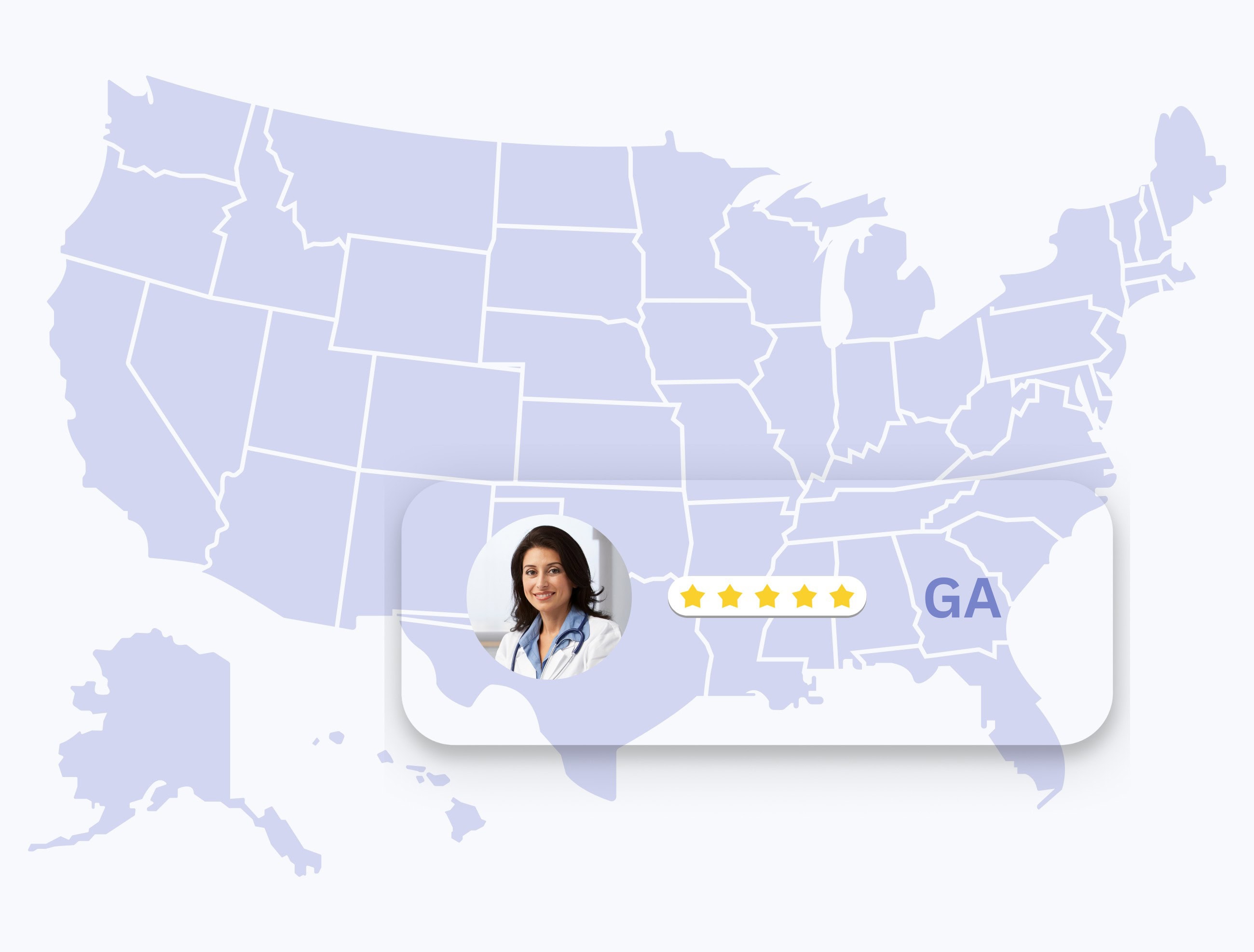 map of the united states highlighting georgia and the dermatologist's five stars ratings