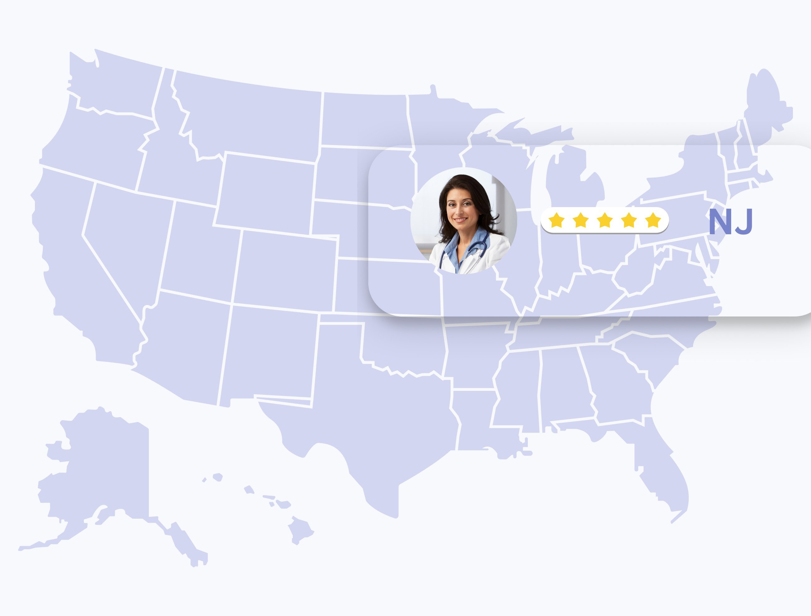 map of the united states highlighting new jersey and the dermatologist's five stars ratings