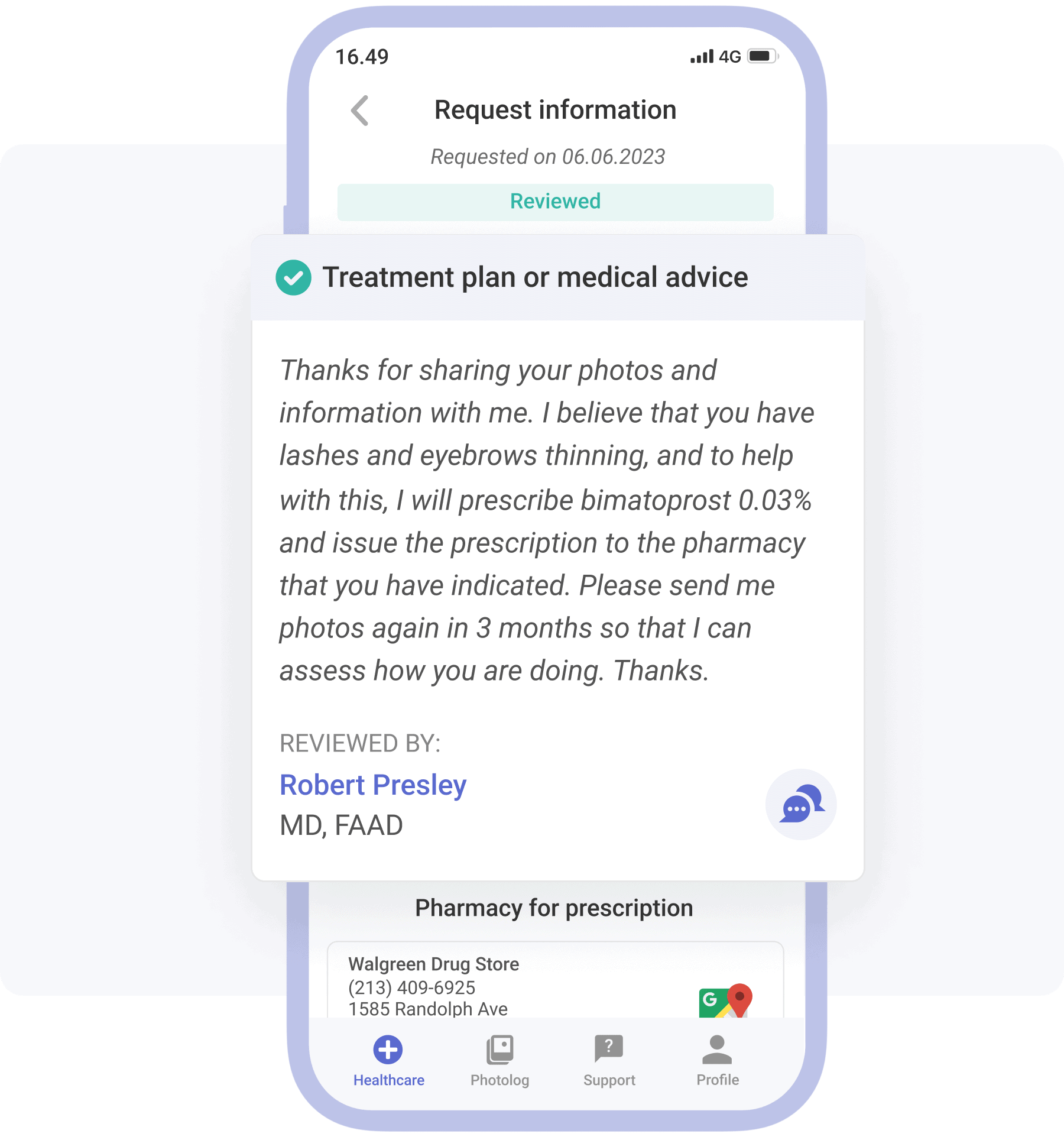 phone showing answer from dermatologist to bimatoprost prescription request
