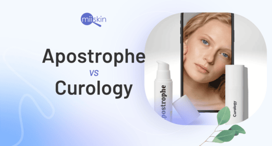 Graphic showing a comparison between Apostrophe and Curology skincare brands. Includes product mockups, a woman’s face on a smartphone screen, and the Miiskin logo at the top. The background features soft gradients and botanical elements.