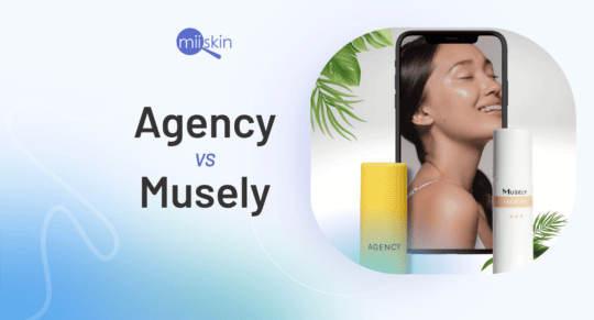 Comparison between Agency and Musely skincare products with Miiskin branding, featuring a smiling woman and product bottles