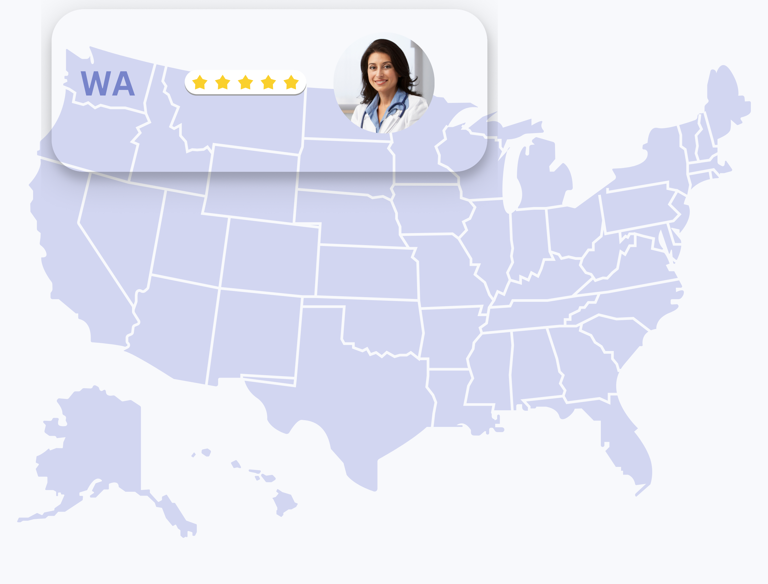 Map of the United States highlighting Washington state with a female dermatologist portrait and 5-star rating.