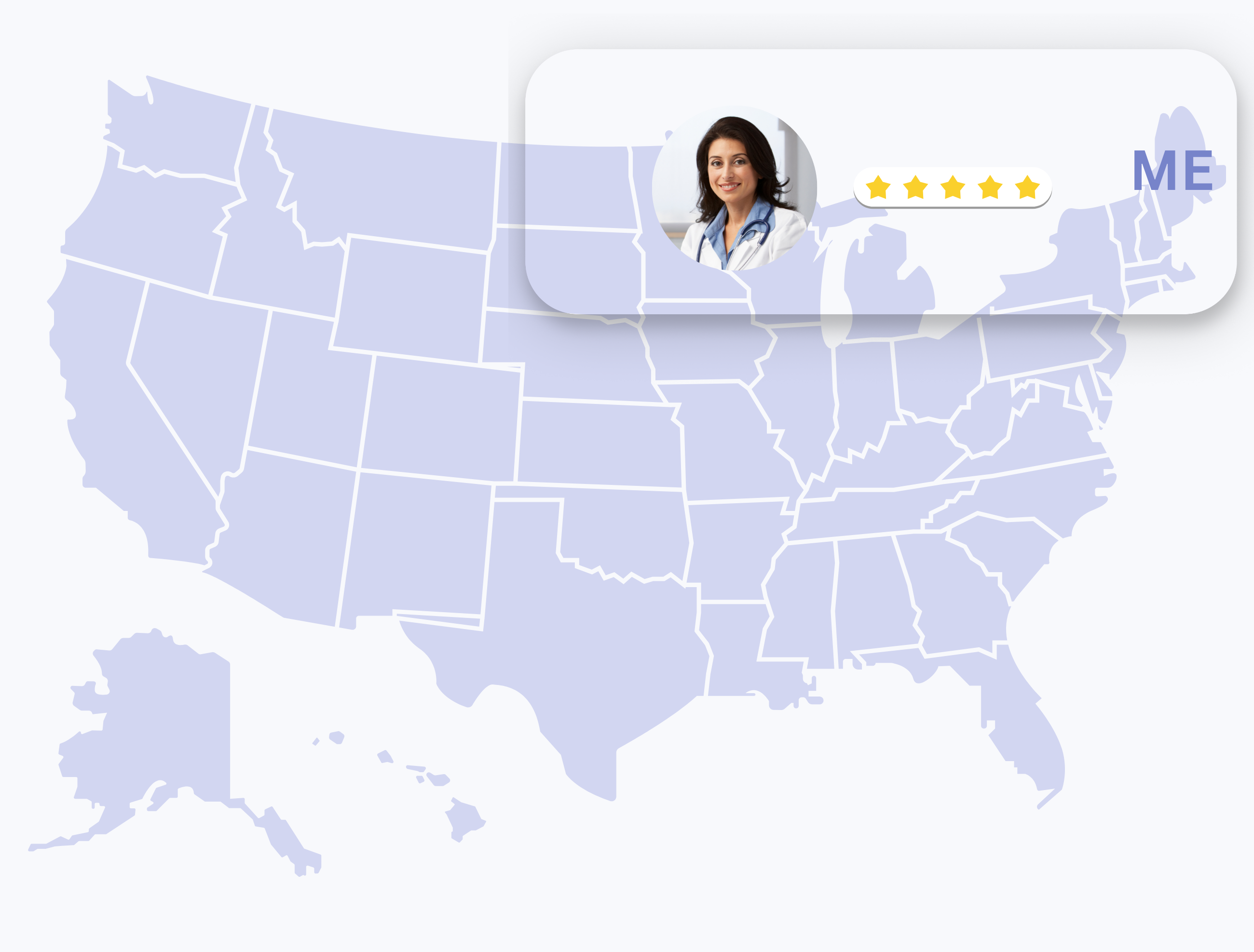 Board-certified dermatologists available online in Maine state. Map of the United States highlighting Maine state with a female dermatologist portrait and 5-star rating.