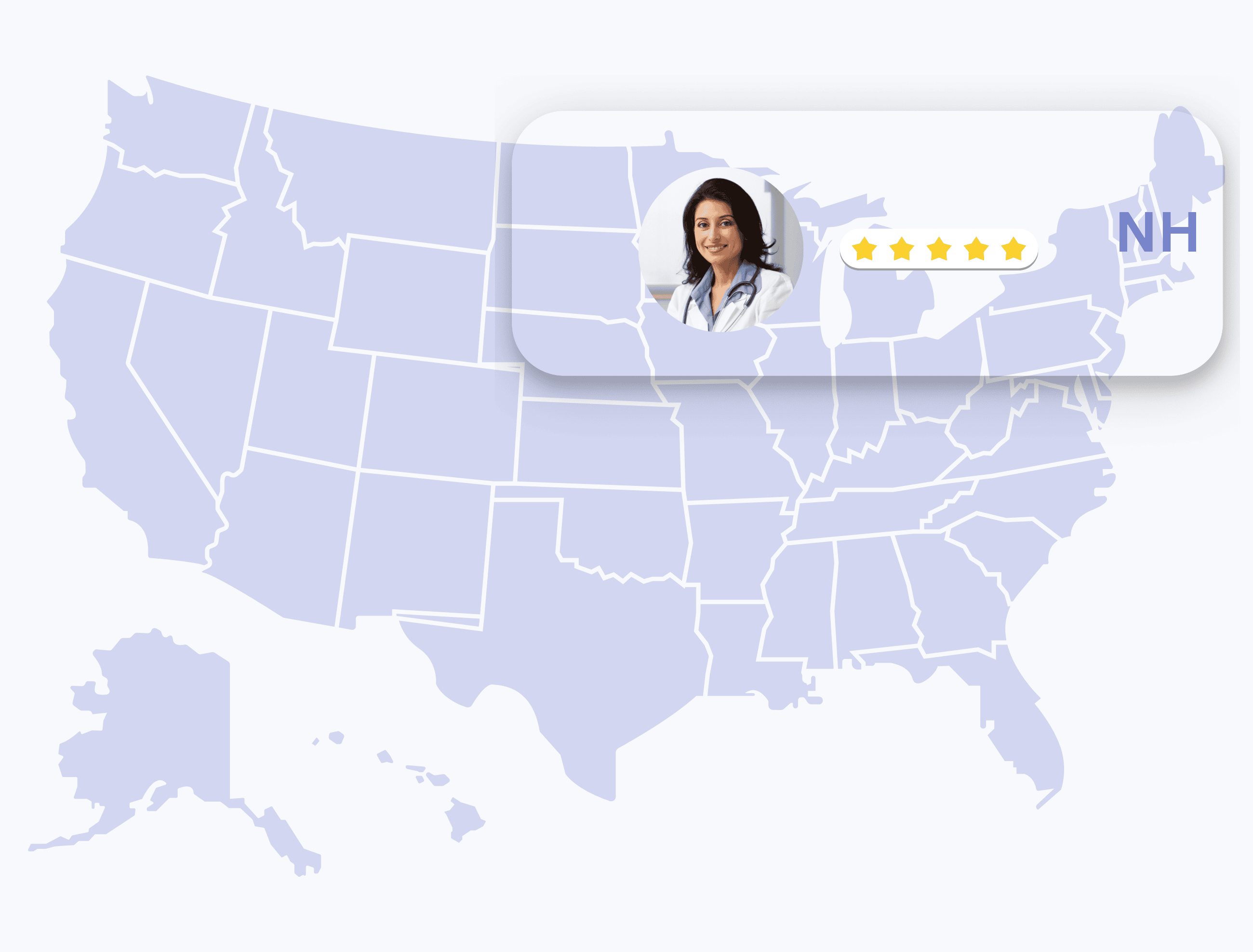 Board-certified dermatologists available online in New Hampshire state. Map of the United States highlighting New Hapshire state with a female dermatologist portrait and 5-star rating.
