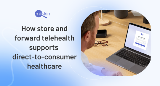 Miiskin platform login screen on laptop as a doctor accesses store-and-forward telehealth for direct-to-consumer healthcare