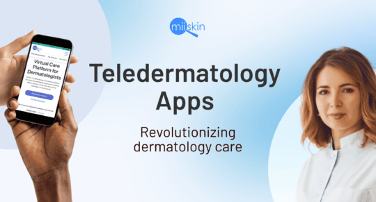 Smartphone showing a virtual care platform for dermatologists, held by a hand on the left, with a female doctor on the right and the text “Teledermatology Apps: Revolutionizing dermatology care” in the center over a blue gradient background.