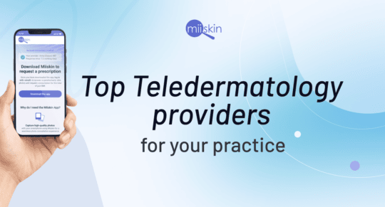 Hand holding a smartphone displaying the Miiskin teledermatology app, alongside the text "Top Teledermatology providers for your practice" on a blue gradient background with abstract design elements.