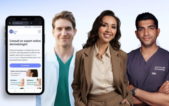 A smartphone displaying the Miiskin website with the headline 'Consult an expert online dermatologist' next to three smiling professionals — two male doctors in medical attire and one woman, representing Miiskin's dermatologist network