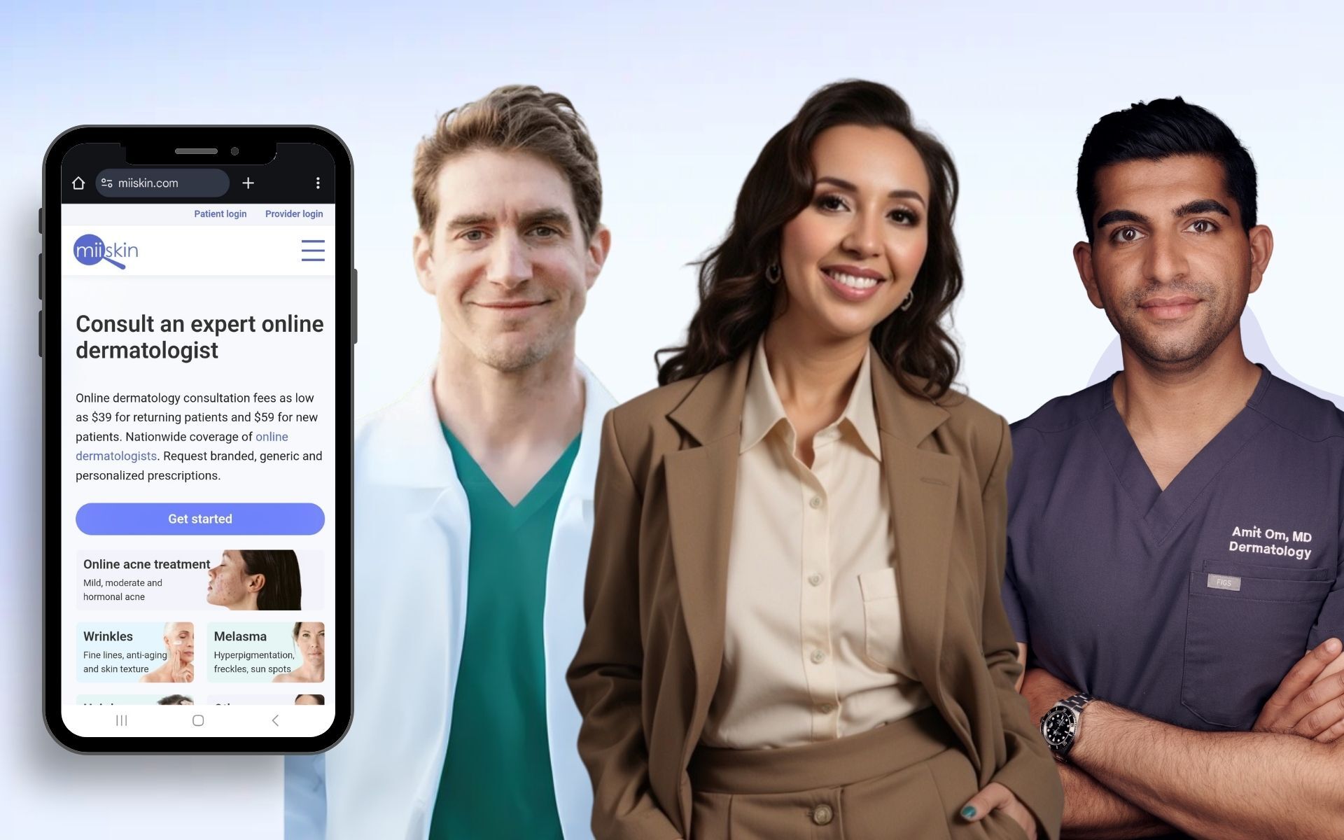 A smartphone displaying the Miiskin website with the headline 'Consult an expert online dermatologist' next to three smiling professionals — two male doctors in medical attire and one woman, representing Miiskin's dermatologist network