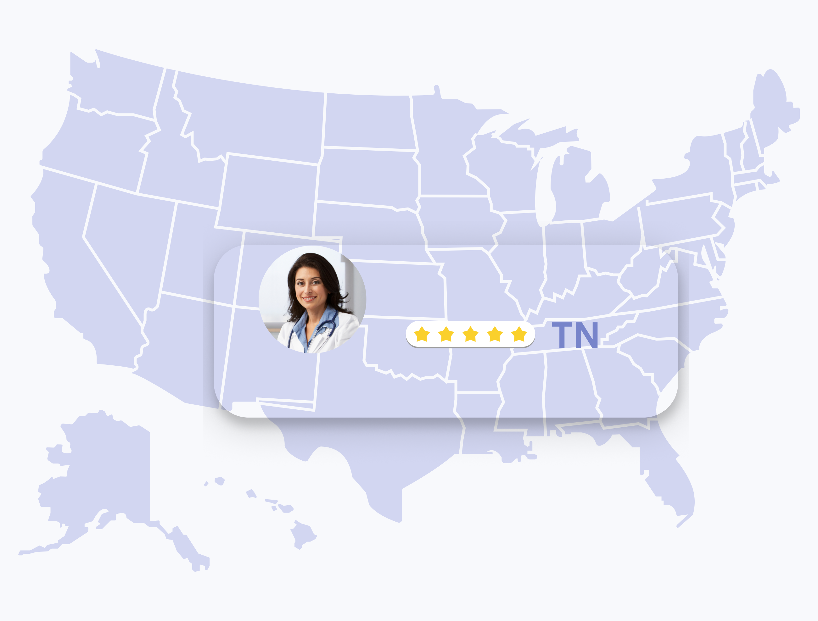 Map of the United States highlighting Tennessee state with a female dermatologist portrait and 5-star rating.