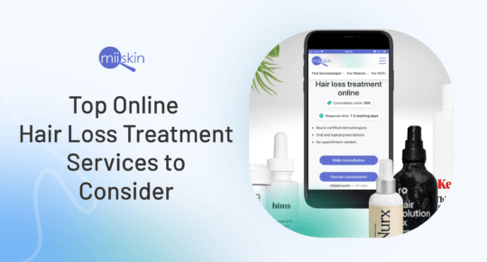 Graphic showing Miiskin's online hair loss treatment service with a mobile screen displaying consultation details, surrounded by branded hair treatment products and the title 'Top Online Hair Loss Treatment Services to Consider.