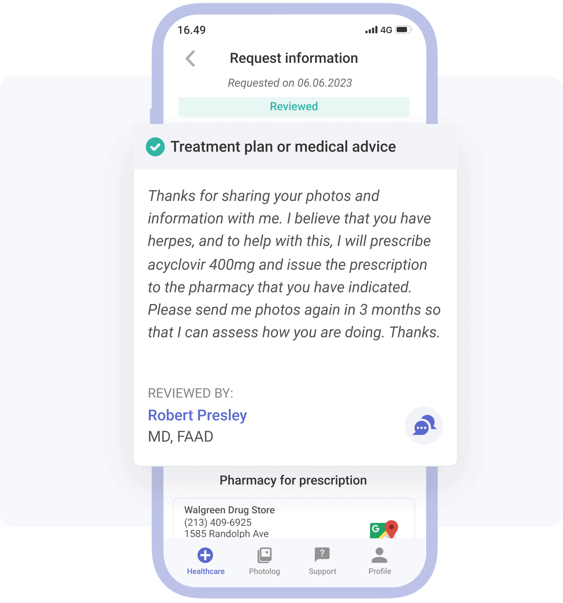 herpes prescription online phone showing a prescription request and answer from a doctor with herpes diagnosis