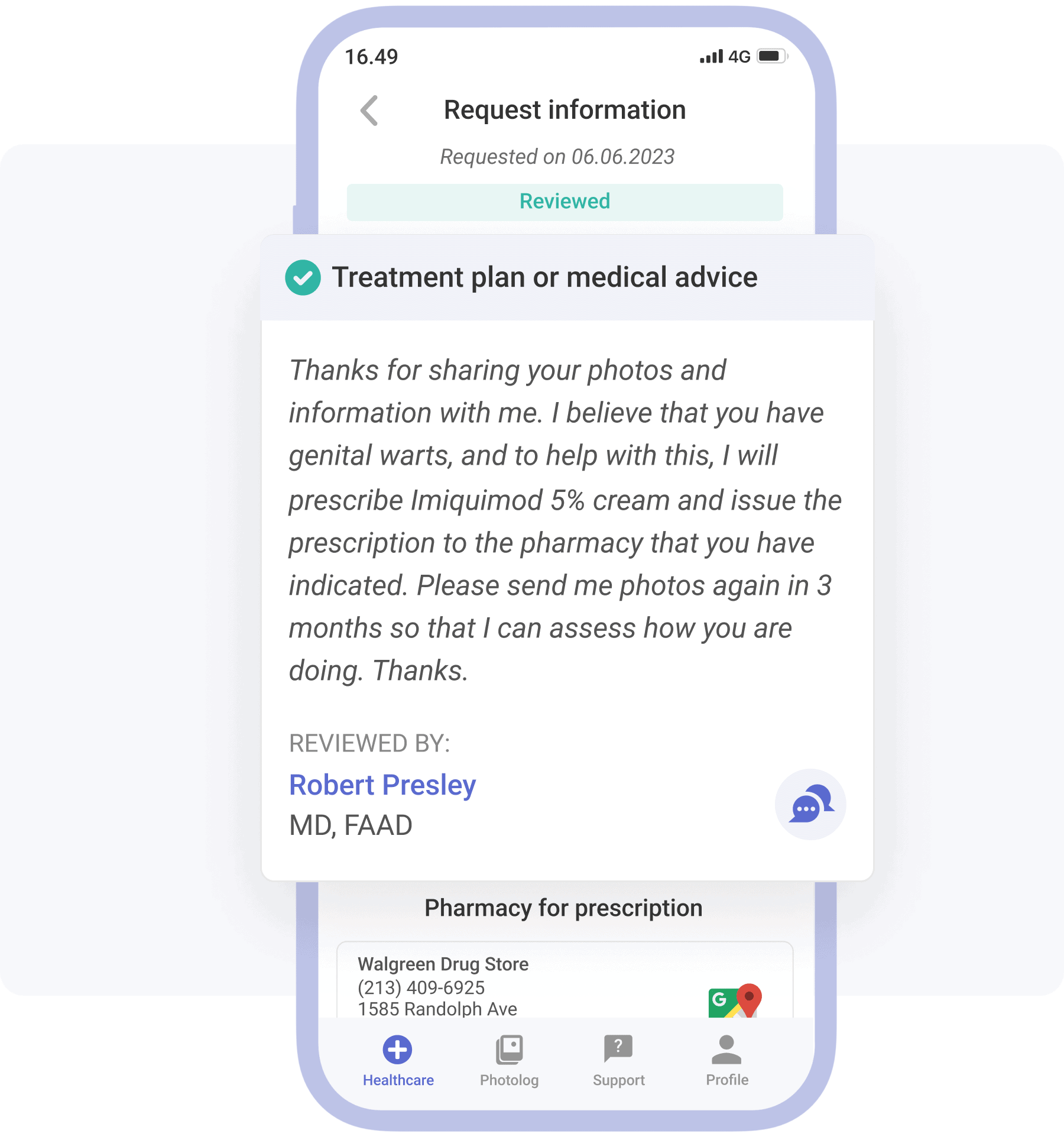 phone showing a prescription request for a genital warts and diagnosis from a doctor