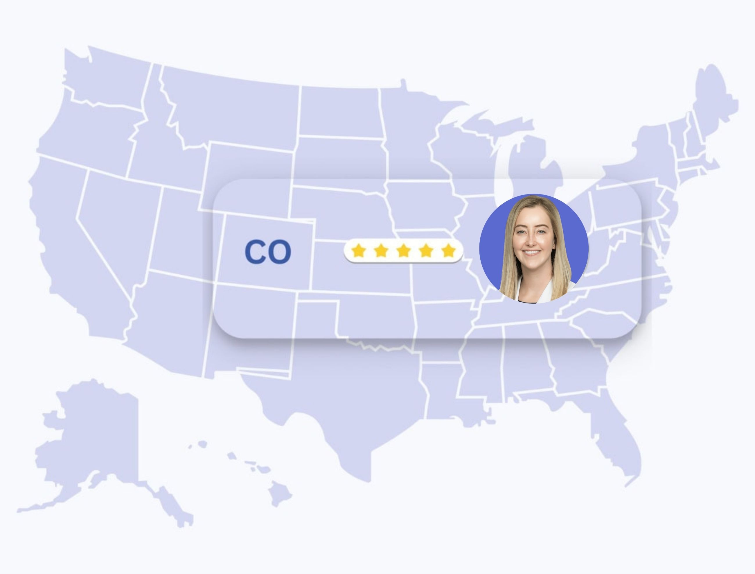 online dermatologists in colorado Map of the United States highlighting Colorado state with a female dermatologist portrait and 5-star rating.