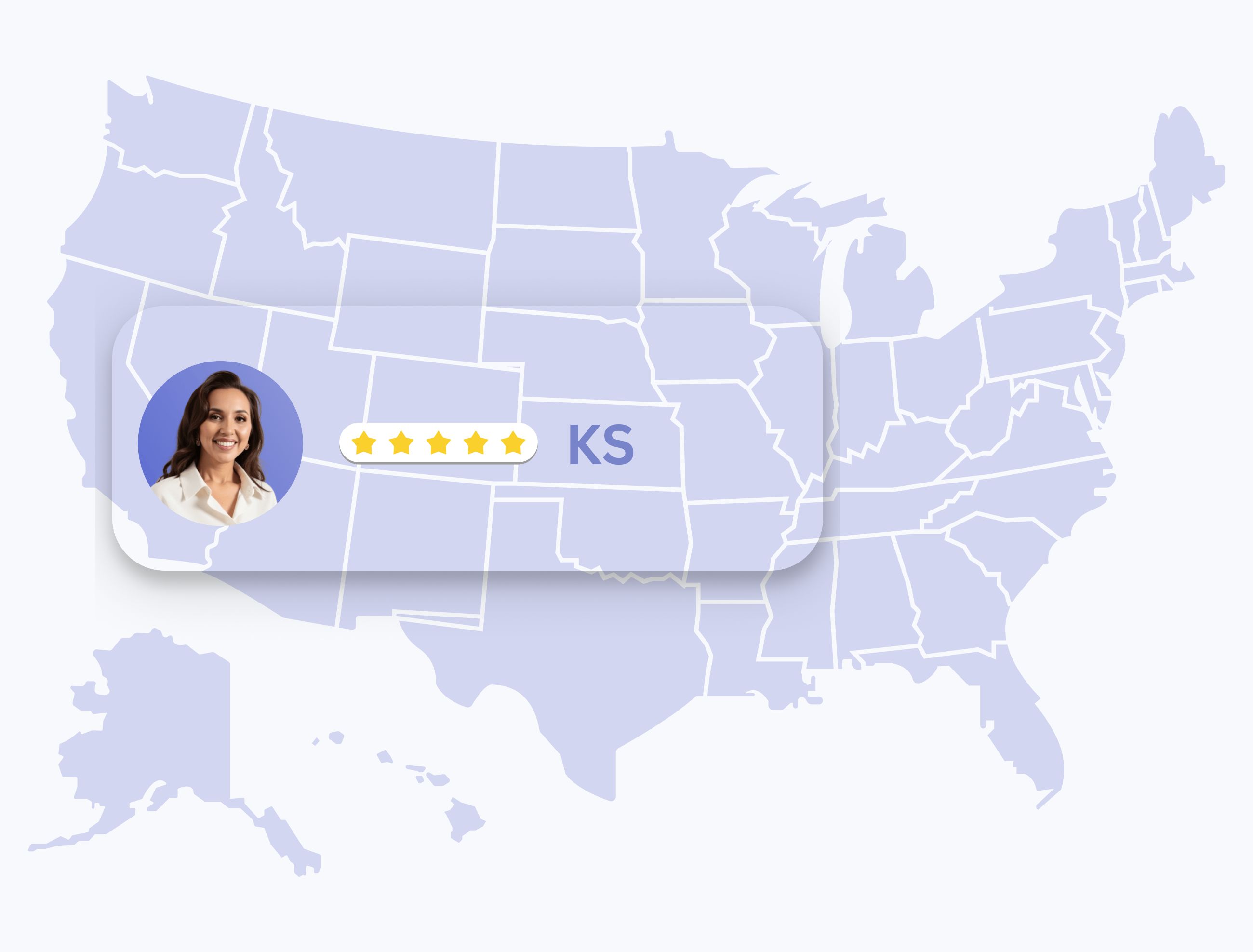 Map of the United States highlighting Kansas with a profile photo of a smiling Anna Chacon dermatologist, five-star rating, and state abbreviation KS.