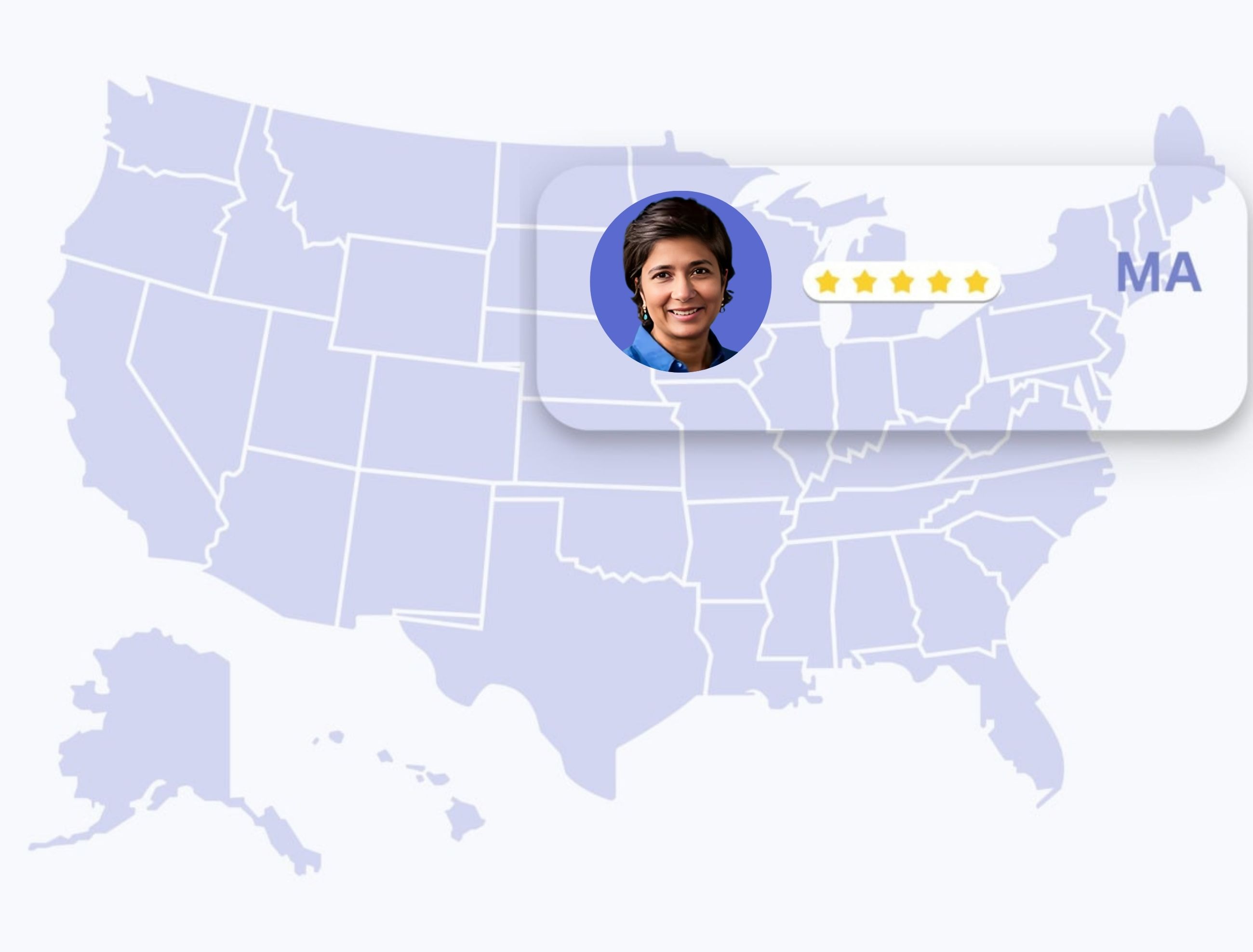 map of the united states highlighting massachusetts and the dermatologist's five stars ratings