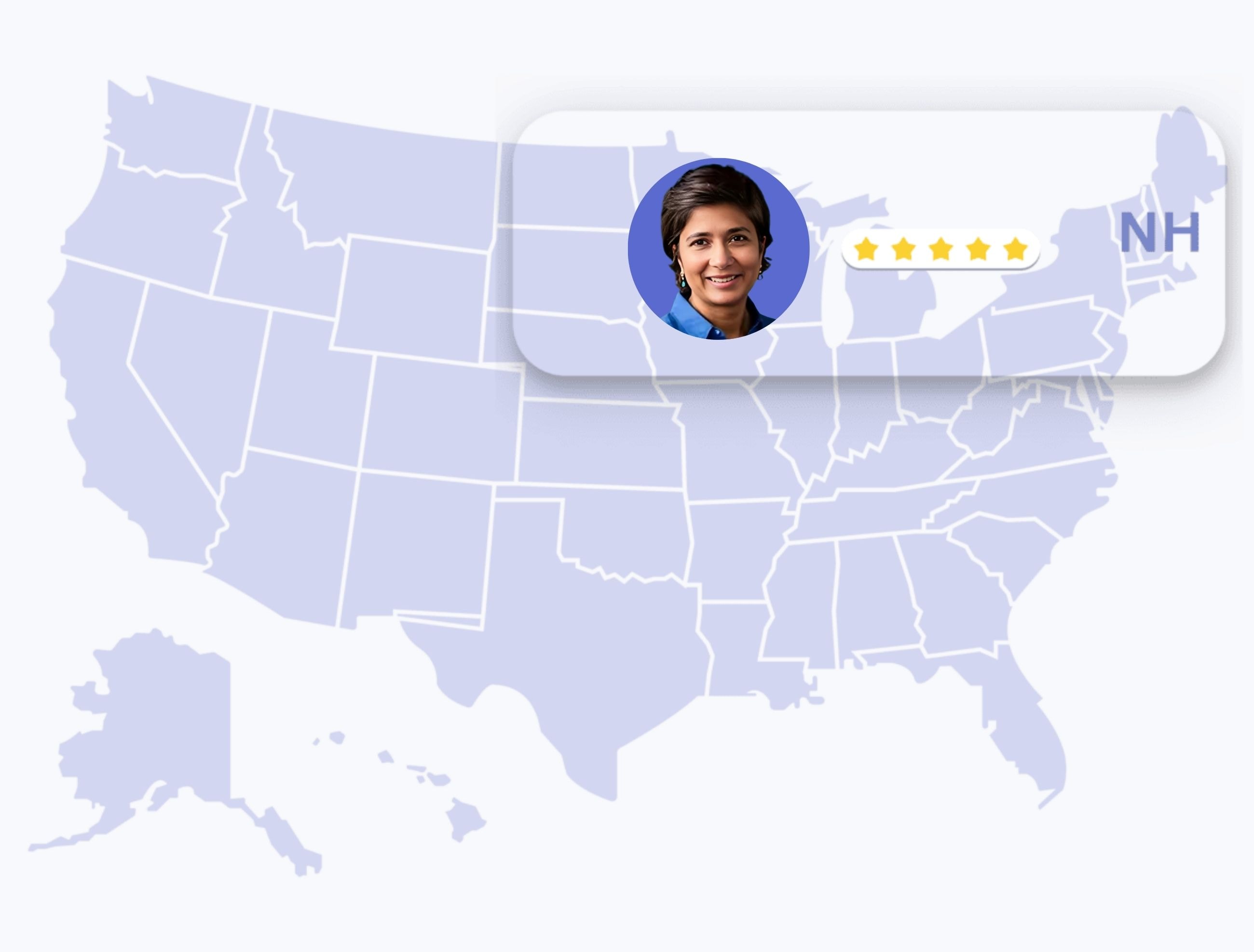 Map of the United States highlighting New Hapshire state with a female dermatologist portrait and 5-star rating.