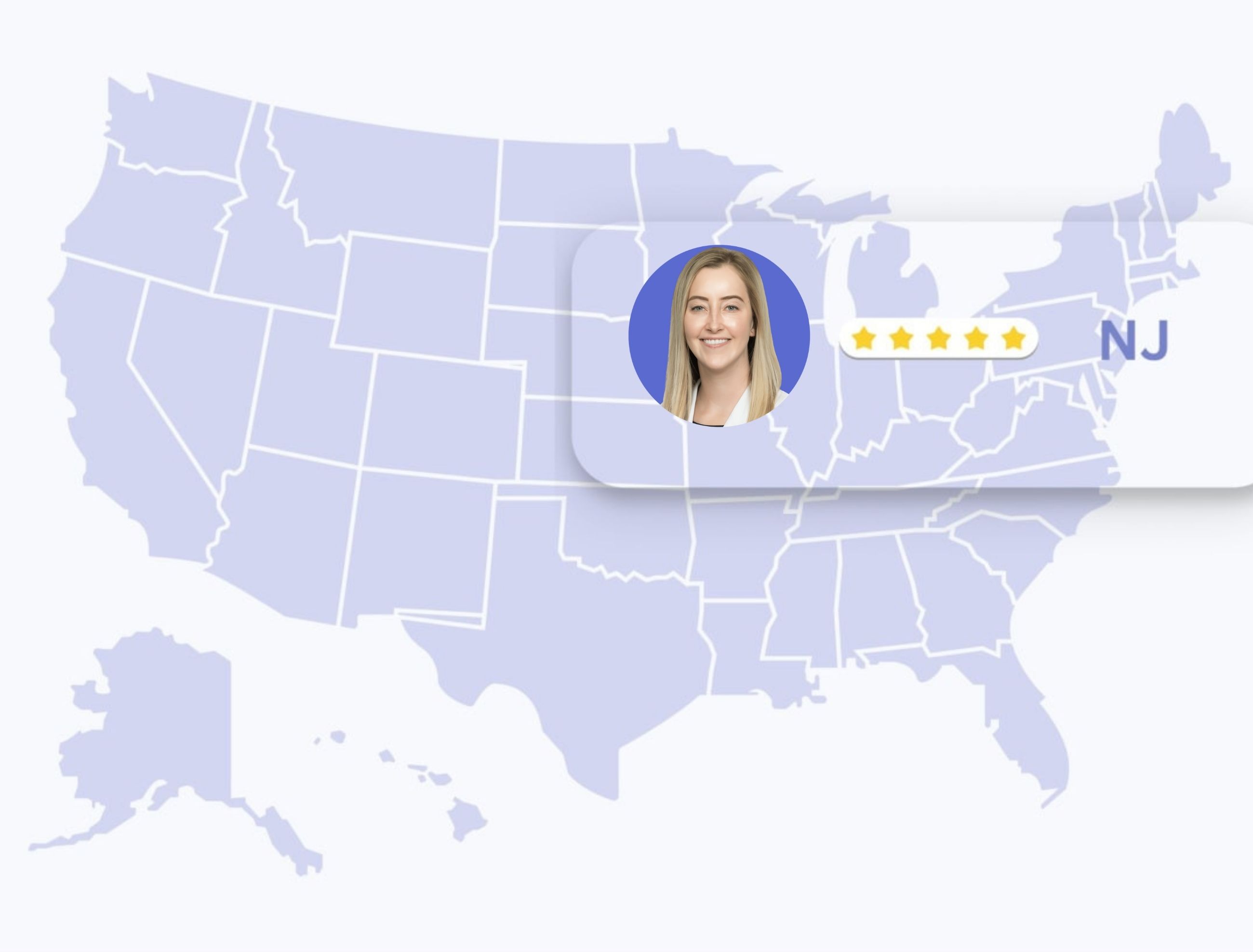 map of the united states highlighting new jersey and the dermatologist's five stars ratings