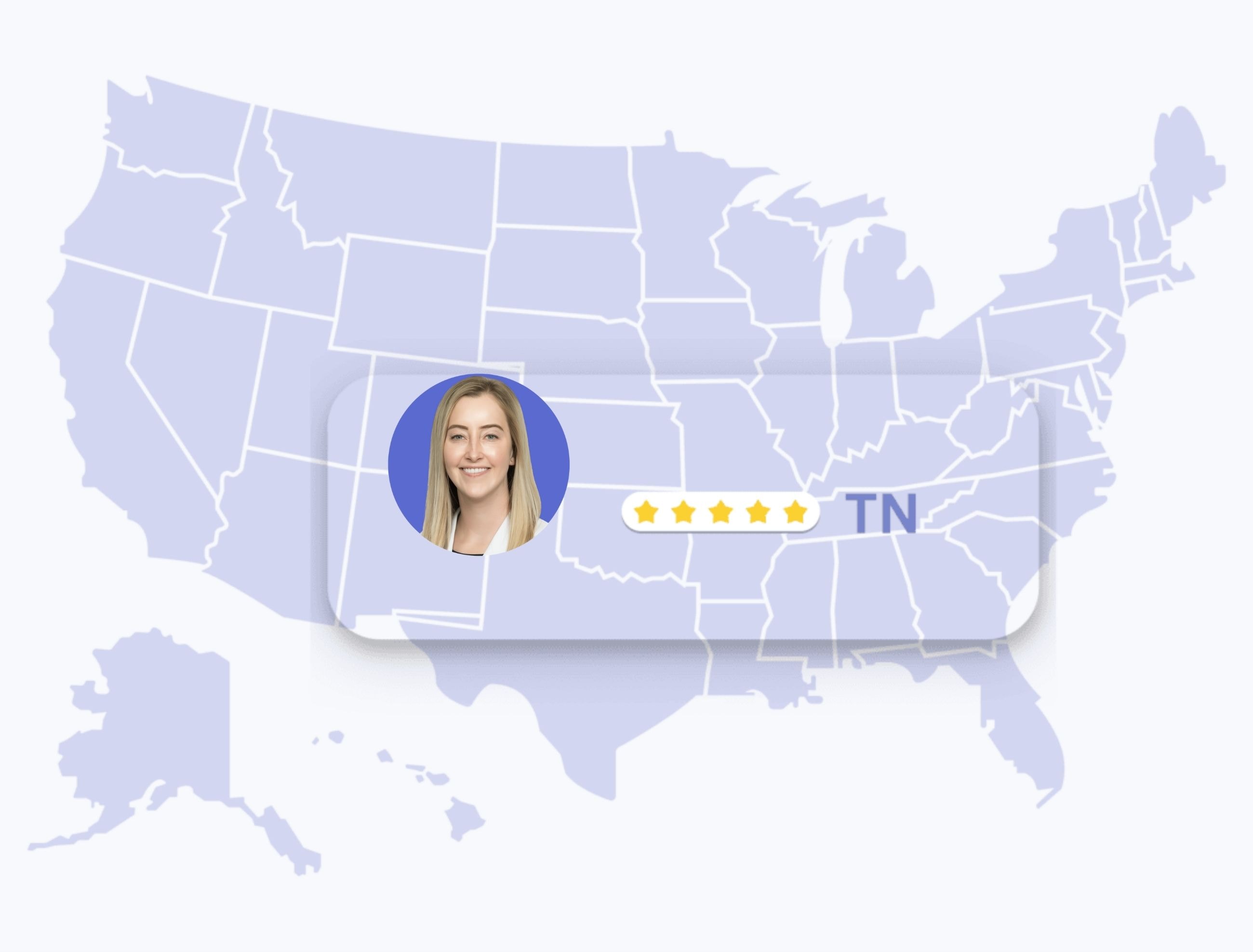online dermatologists in tennessee us state Map of the United States highlighting Tennessee state with a female dermatologist portrait and 5-star rating.