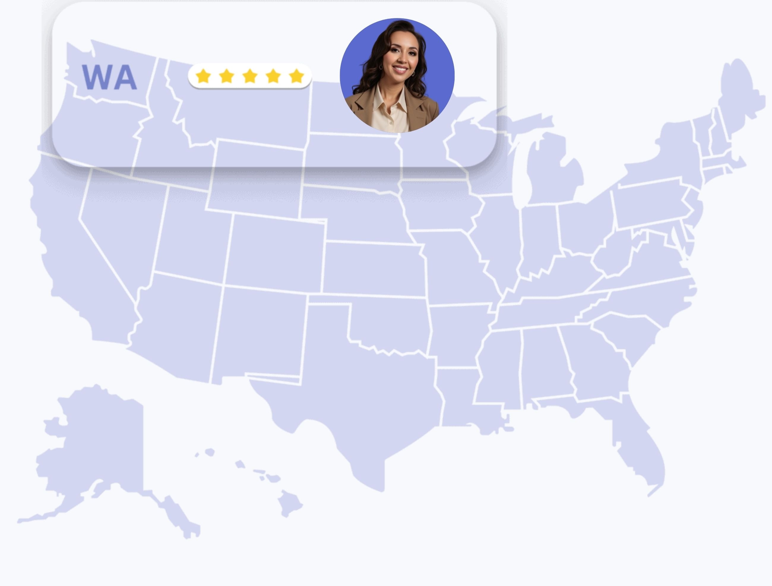 Board-certified dermatologists available online in Washington state. Map of the United States highlighting Washington state with a female dermatologist portrait and 5-star rating.
