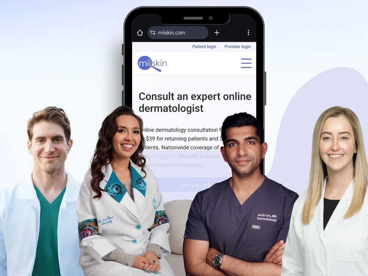 A smartphone displaying the Miiskin website with the headline 'Consult an expert online dermatologist' next to three smiling professionals — two male doctors in medical attire and one woman, representing Miiskin's dermatologist network