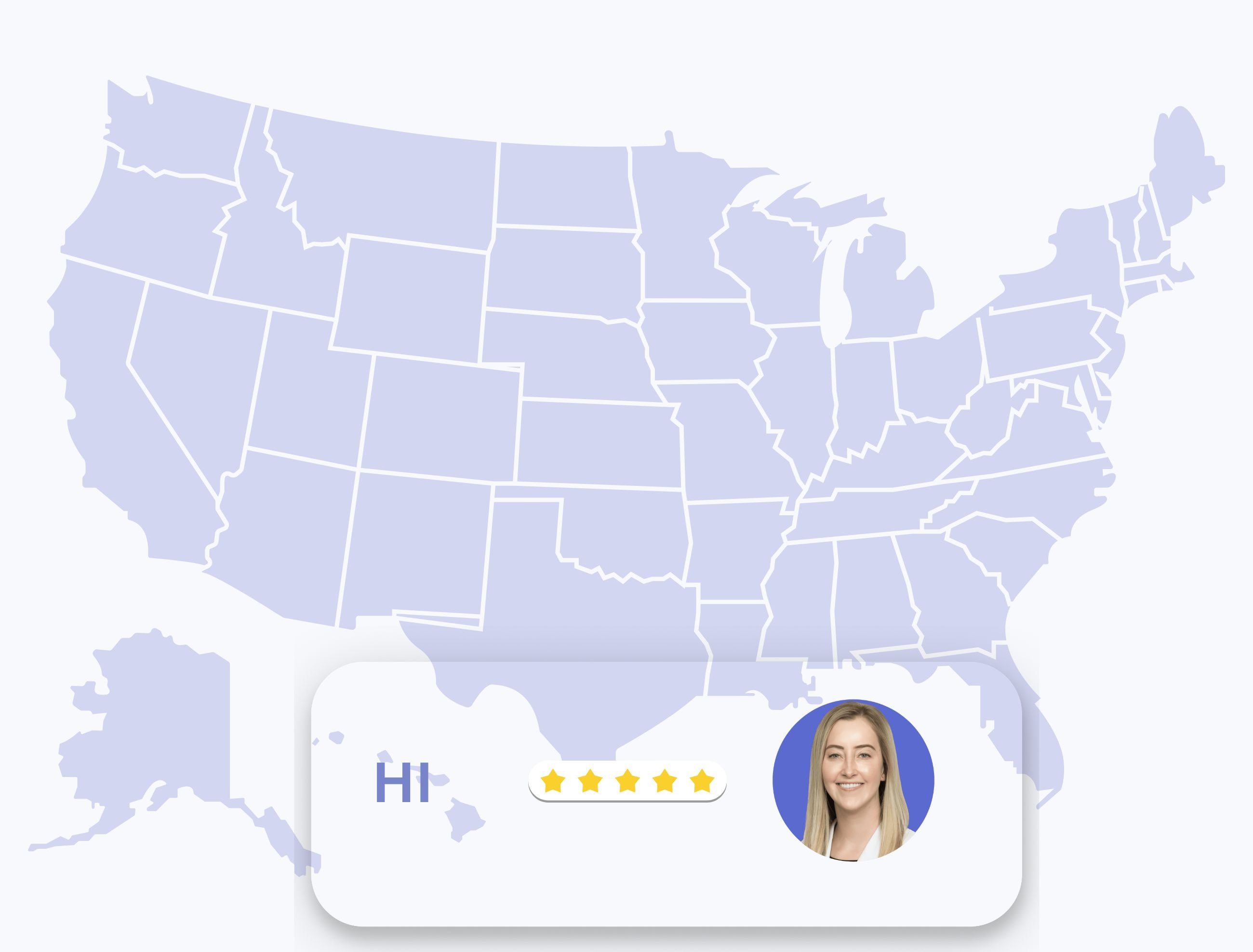 online dermatology consultations in hawaii Map of the United States with Hawaii highlighted, showing dermatologist Anne Allen with a five-star rating.