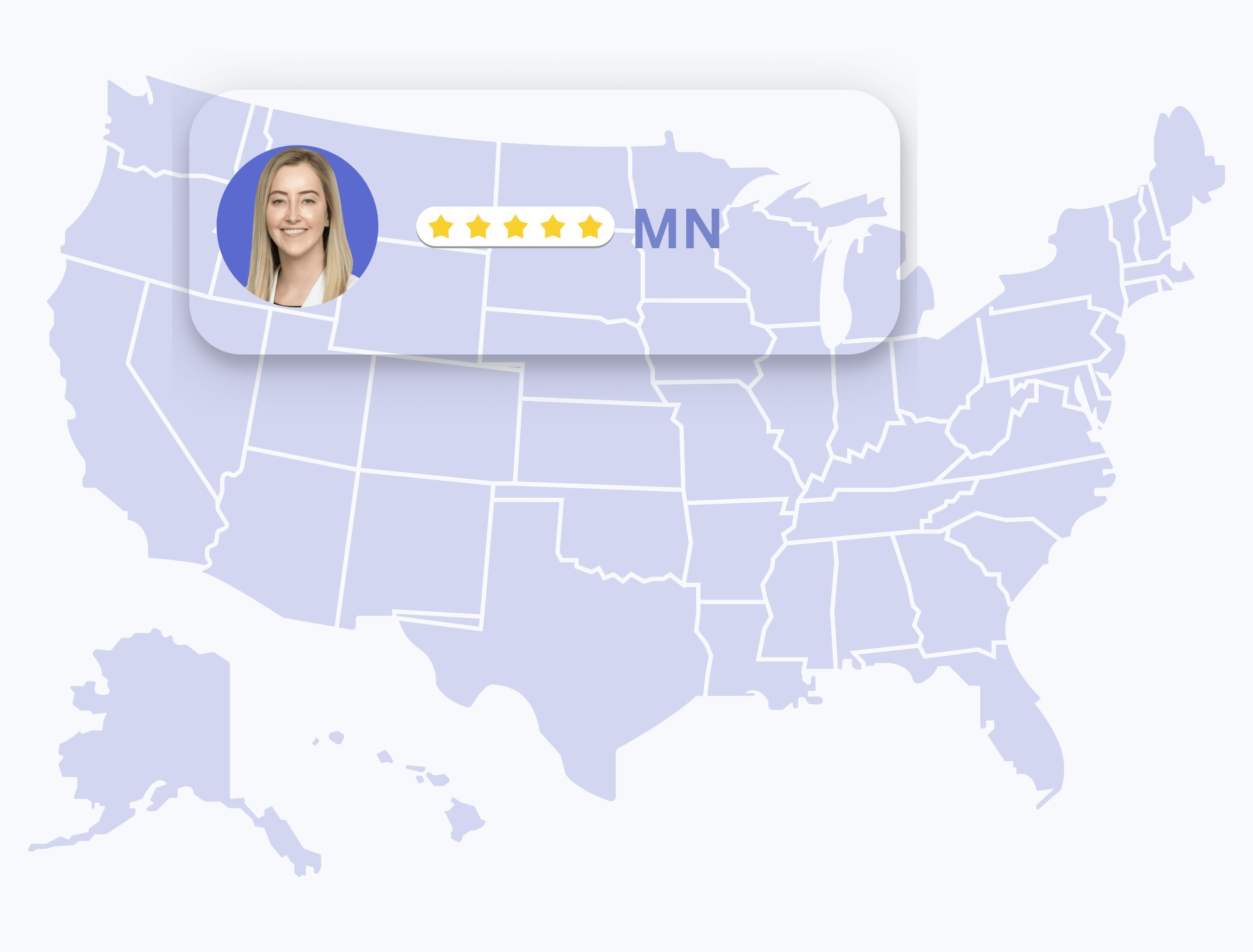 online dermatologists in minnesota Map of the United States with Minnesota highlighted, showing dermatologist Anne Allen with a five-star rating.
