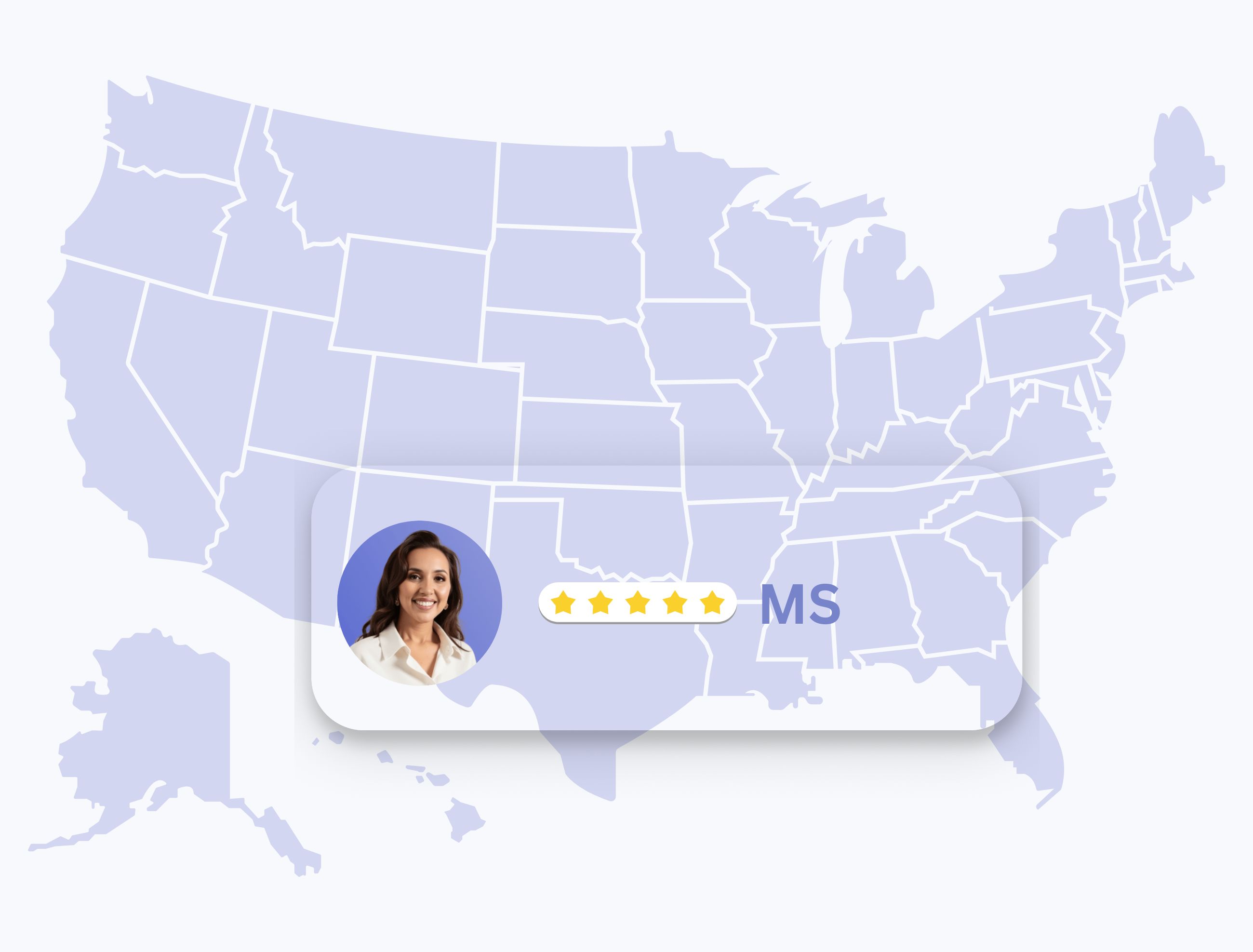 Map of the United States highlighting Mississippi with a profile photo of a smiling Anna Chacon dermatologist, five-star rating, and state abbreviation MS.
