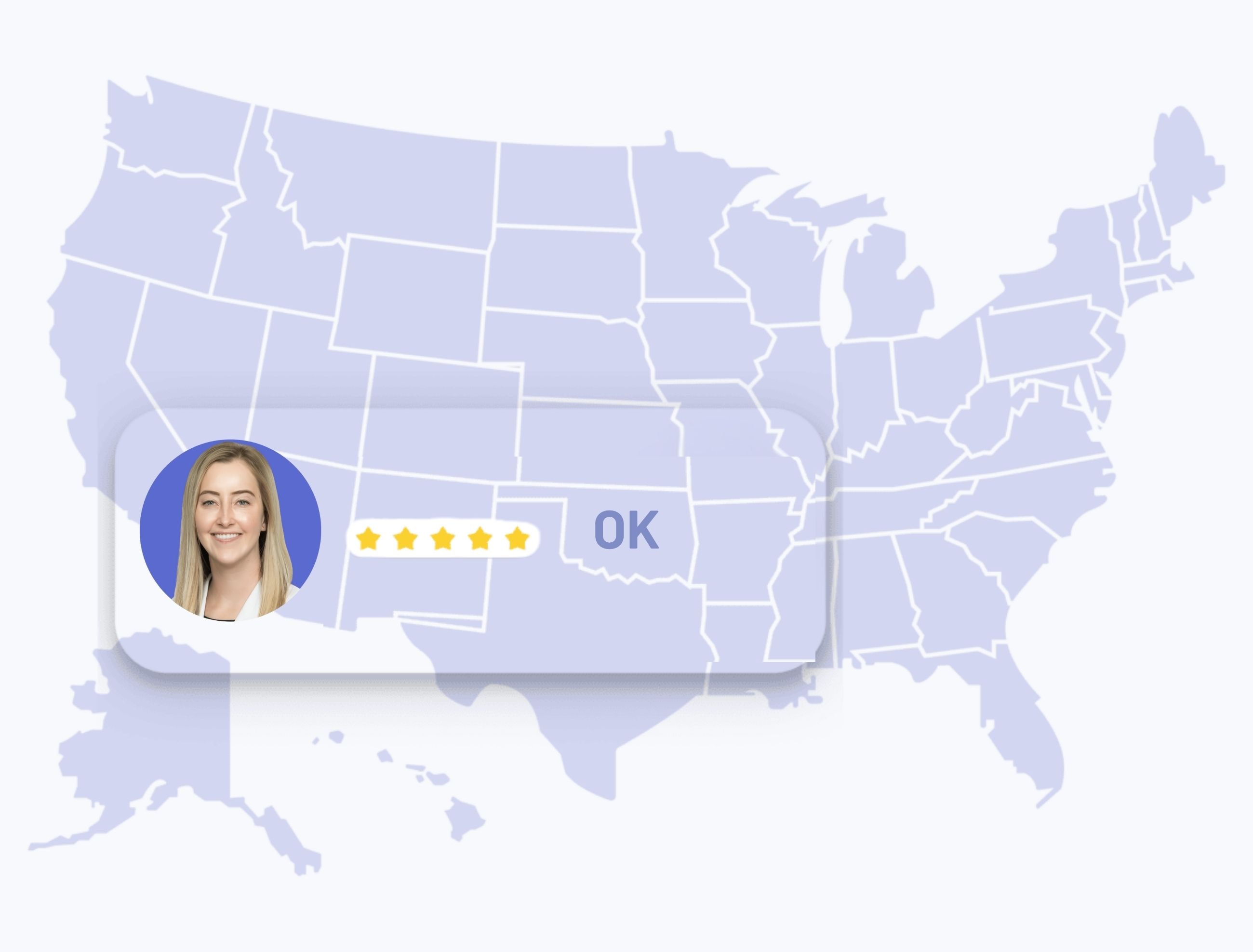 online dermatologists in oklahoma Map of the United States with oklahoma highlighted, showing dermatologist Anne Allen with a five-star rating.