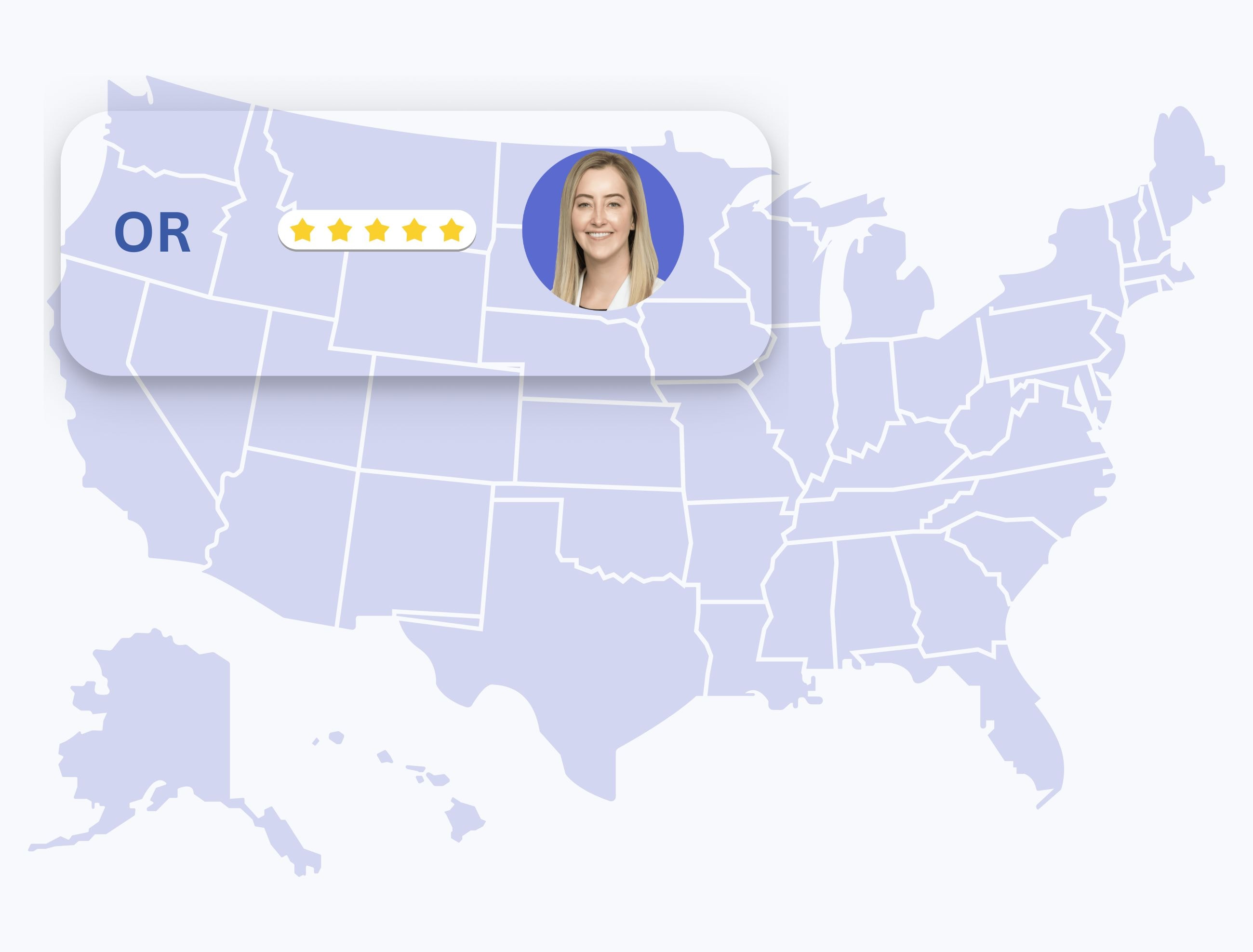 Map of the United States with Oregon highlighted, showing dermatologist Anne Allen with a five-star rating.