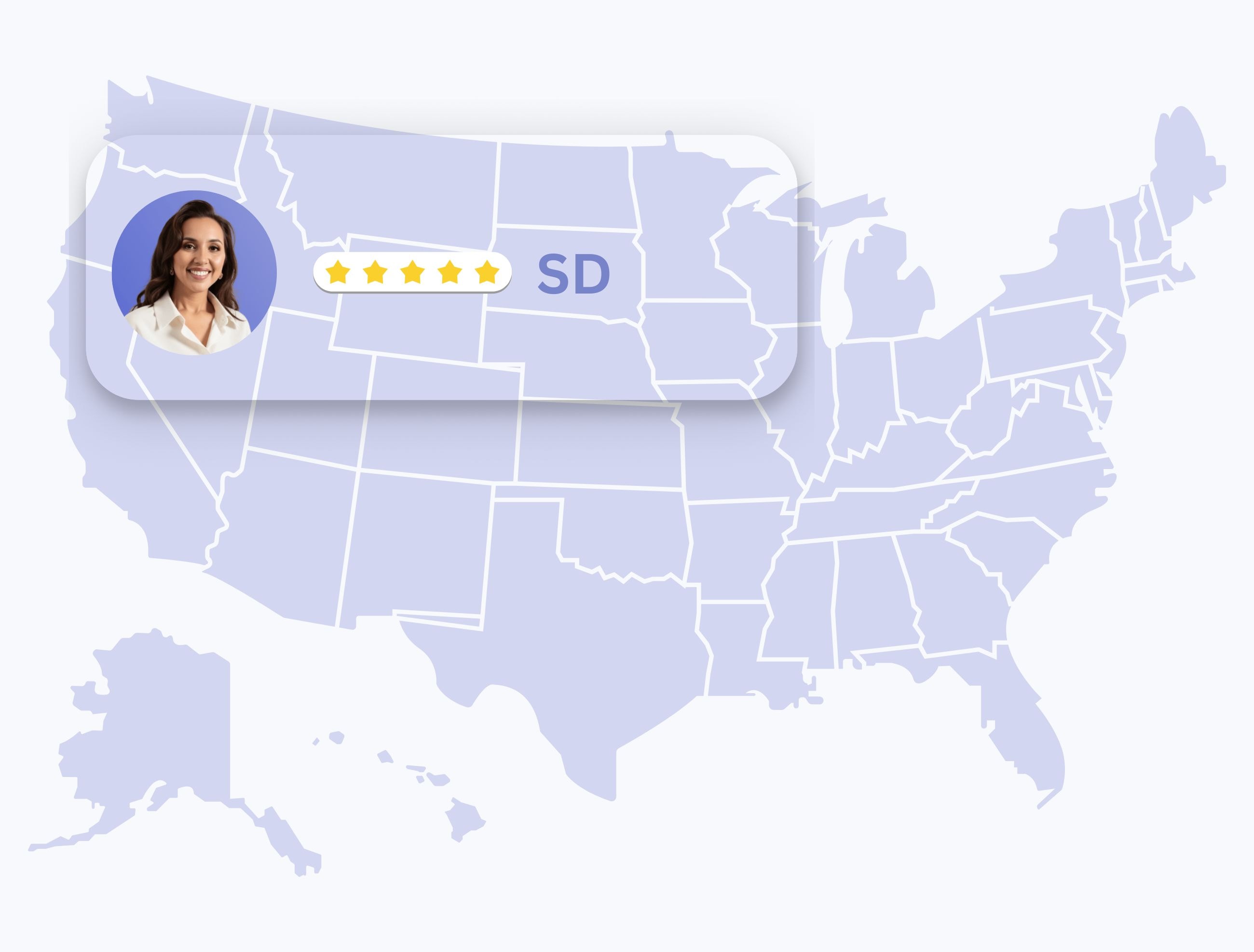 Map of the United States with South Dakota highlighted, showing dermatologist Anna Chacon with a five-star rating.