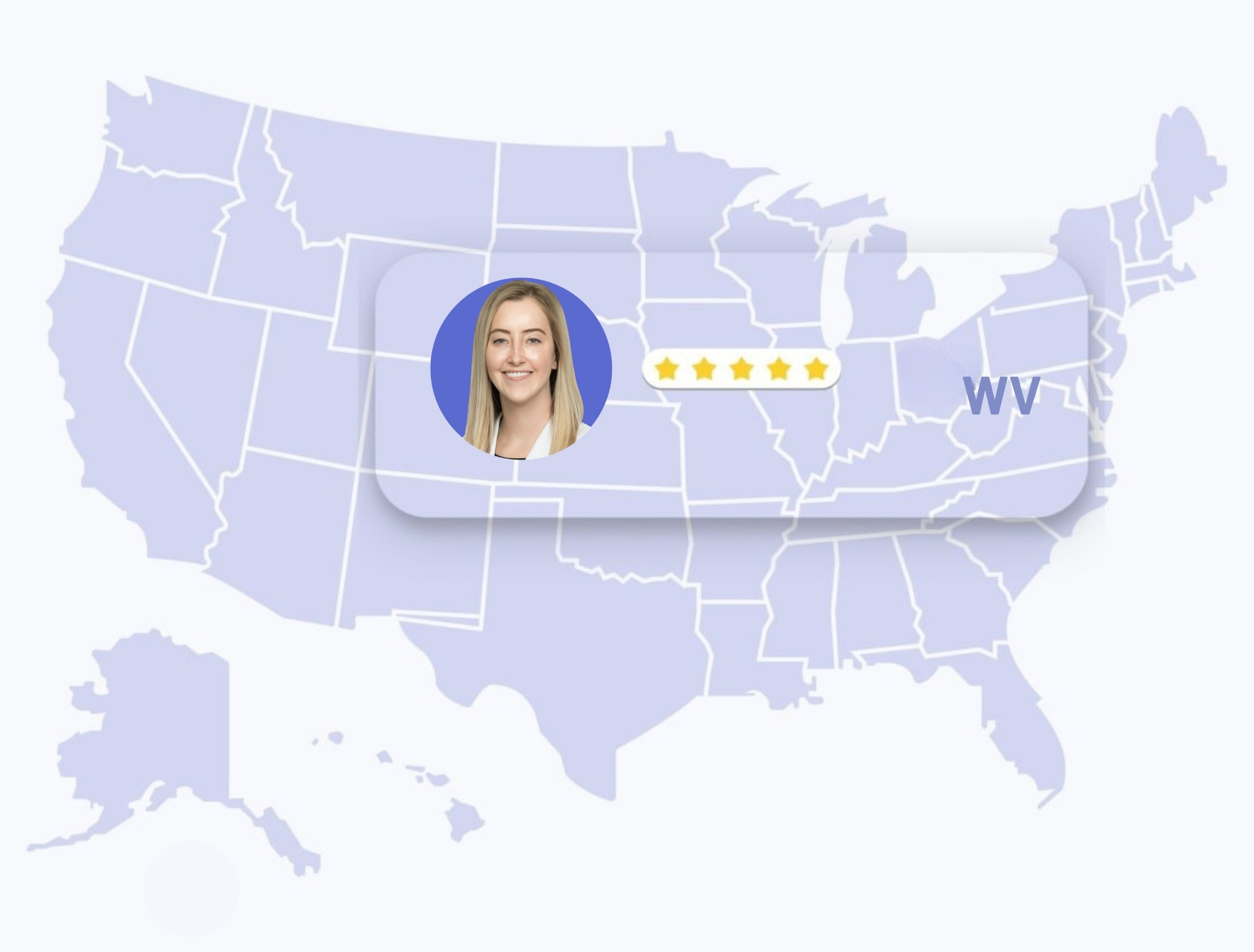 online dermatologists in west virginia Map of the United States with west virginia highlighted, showing dermatologist Anne Allen with a five-star rating.
