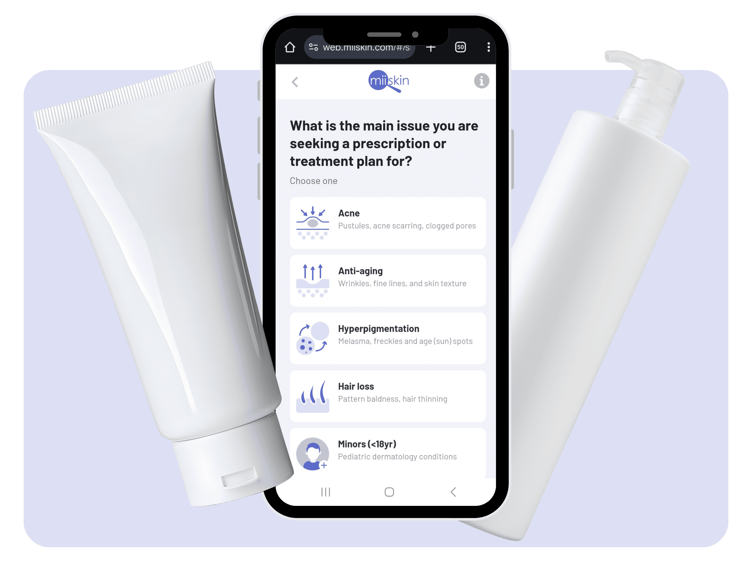 Clear skin monitoring app on smartphone screen, with dermatology consultation options; skincare products shown in the background.