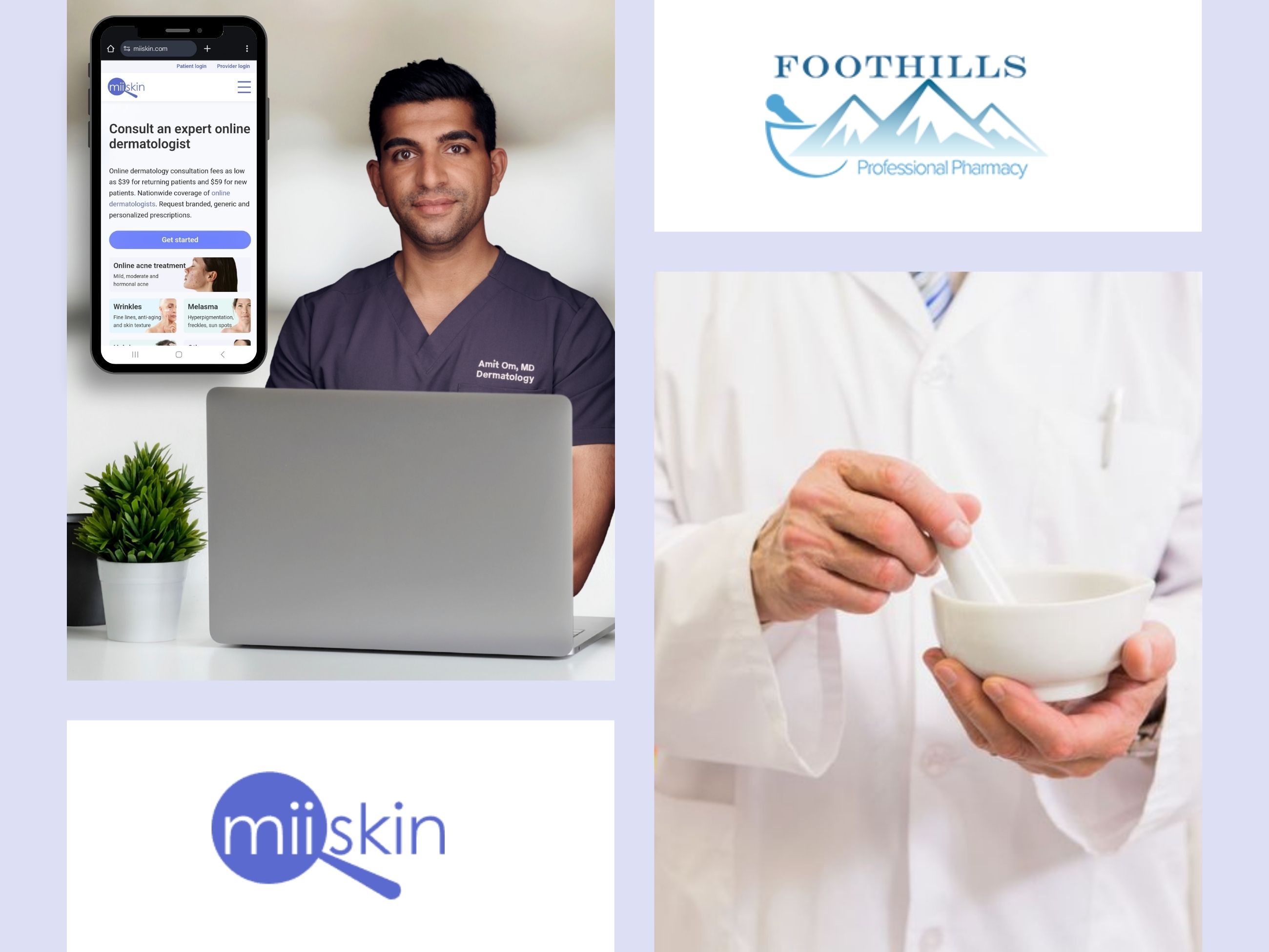 Online dermatologist sitting at a desk with a laptop and phone showing the Miiskin consultation page, Foothills Professional Pharmacy logo, and pharmacist preparing a compounded formula in a white coat.