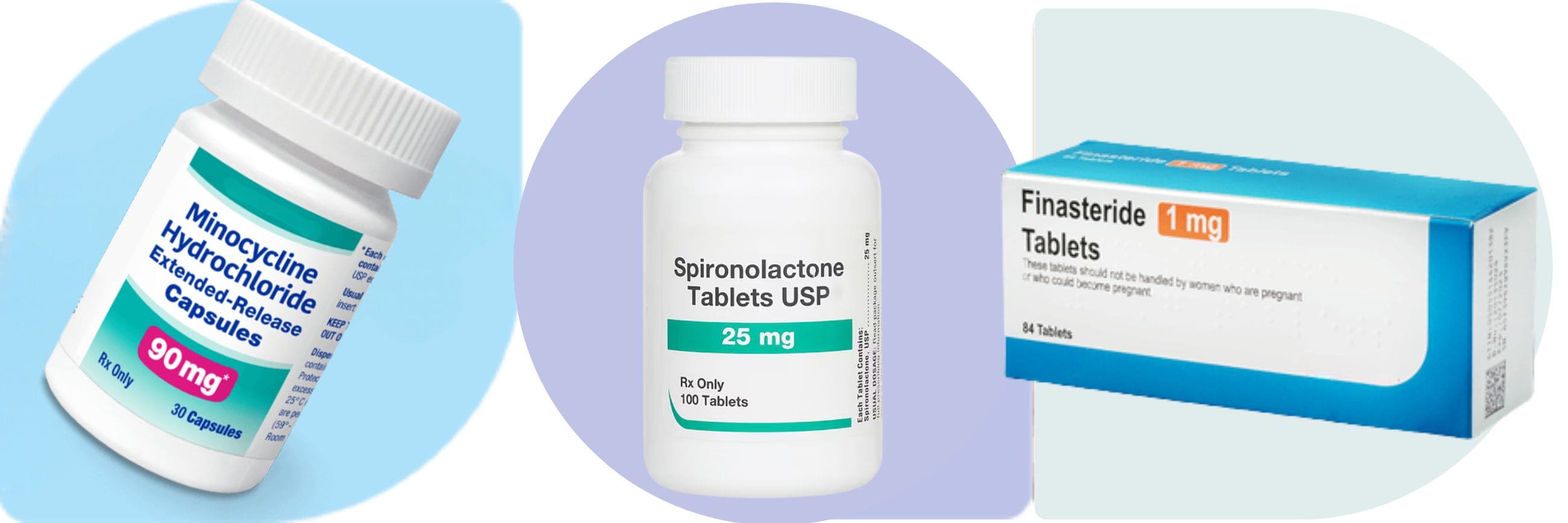 Bottles and a box of prescription medications including Minocycline Hydrochloride capsules, Spironolactone tablets, and Finasteride tablets.