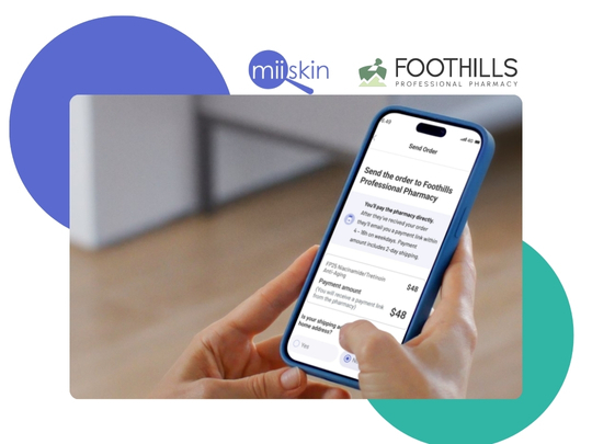 The Foothills and Miiskin collaboration Online dermatologist sitting at a desk with a laptop and phone showing the Miiskin consultation page, Foothills Professional Pharmacy logo, and pharmacist preparing a compounded formula in a white coat.
