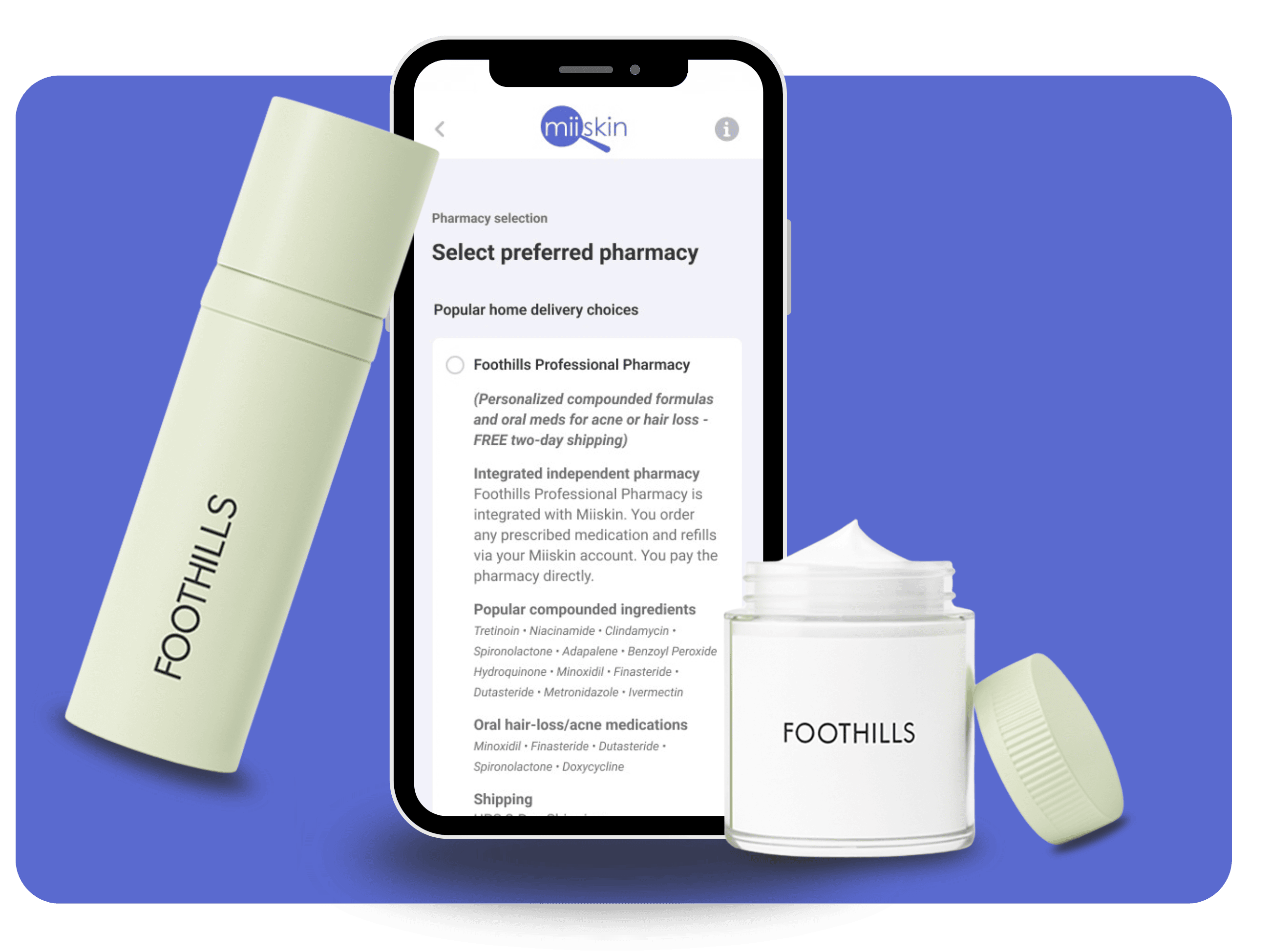 compounded dermatology prescriptions online Clear skin monitoring app on smartphone screen, with dermatology consultation options; skincare products shown in the background.