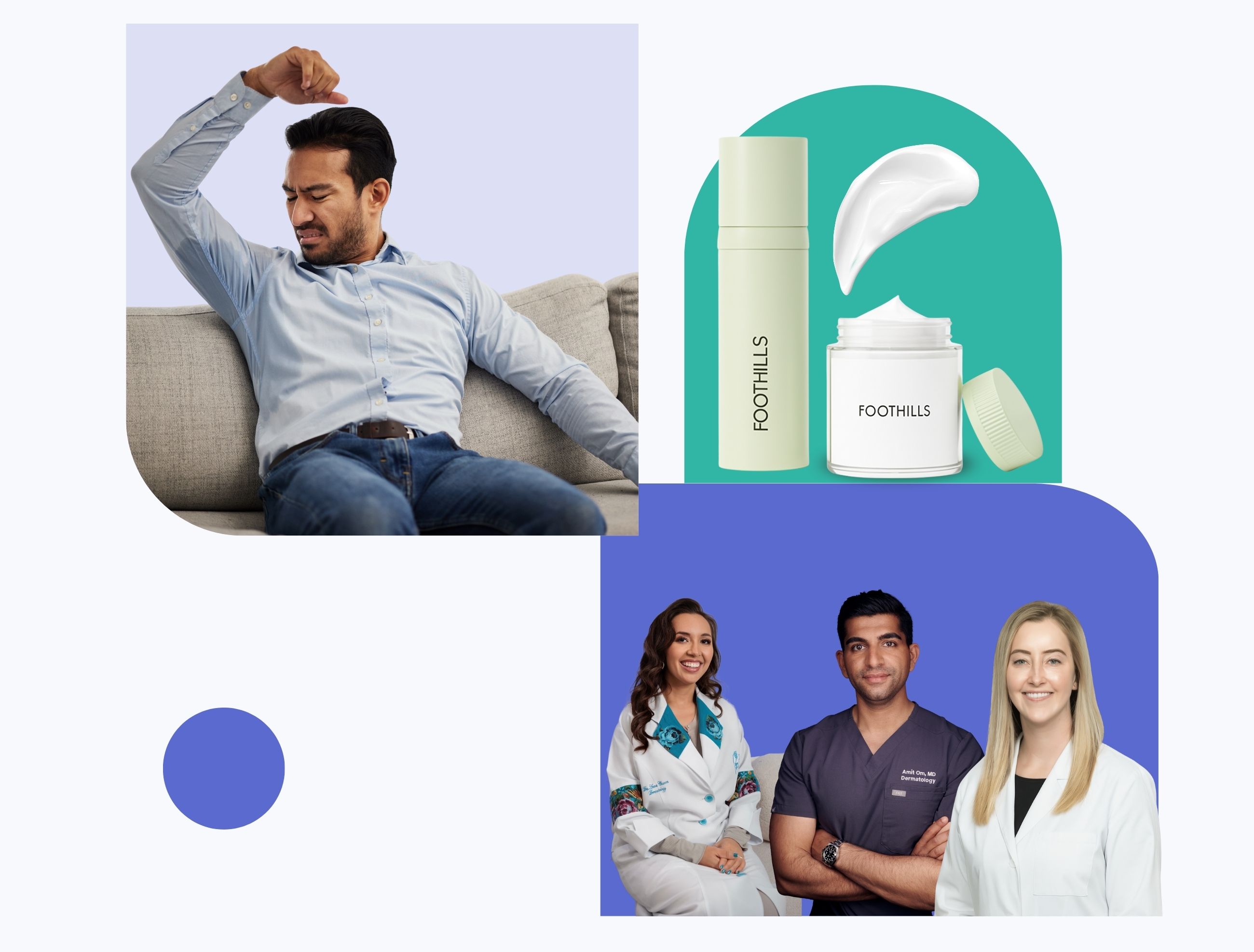 Man experiencing excessive underarm sweating alongside hyperhidrosis treatment products and a team of dermatology specialists offering online care