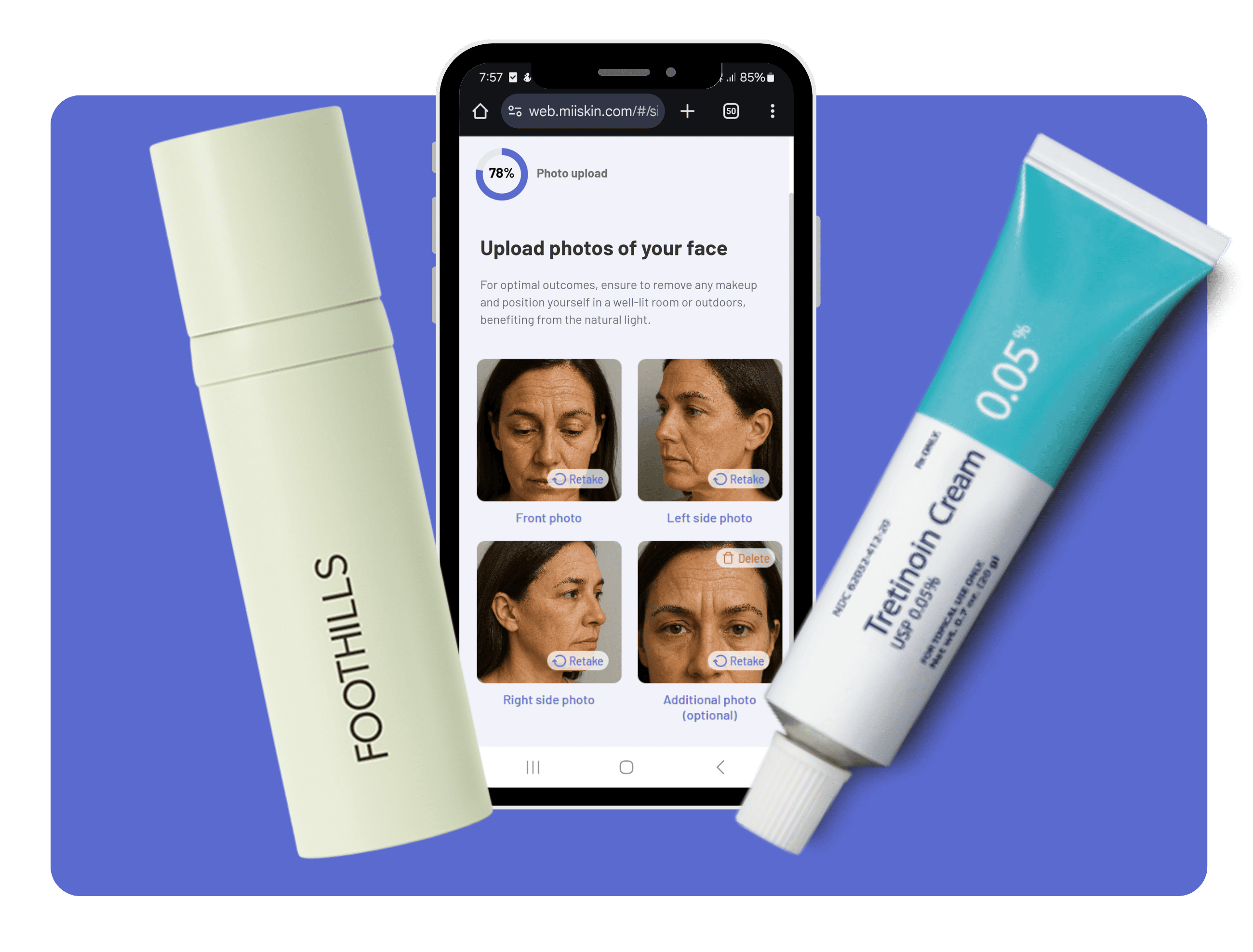 where to buy tretinoin online Miiskin platform displaying facial photo upload for an online dermatology assessment, shown with Tretinoin 0.05% prescription cream and Foothills skincare product