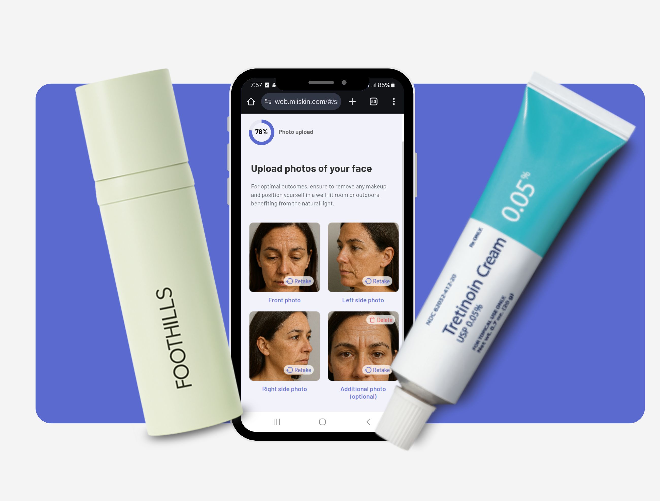 where to buy tretinoin online Miiskin platform displaying facial photo upload for an online dermatology assessment, shown with Tretinoin 0.05% prescription cream and Foothills skincare product