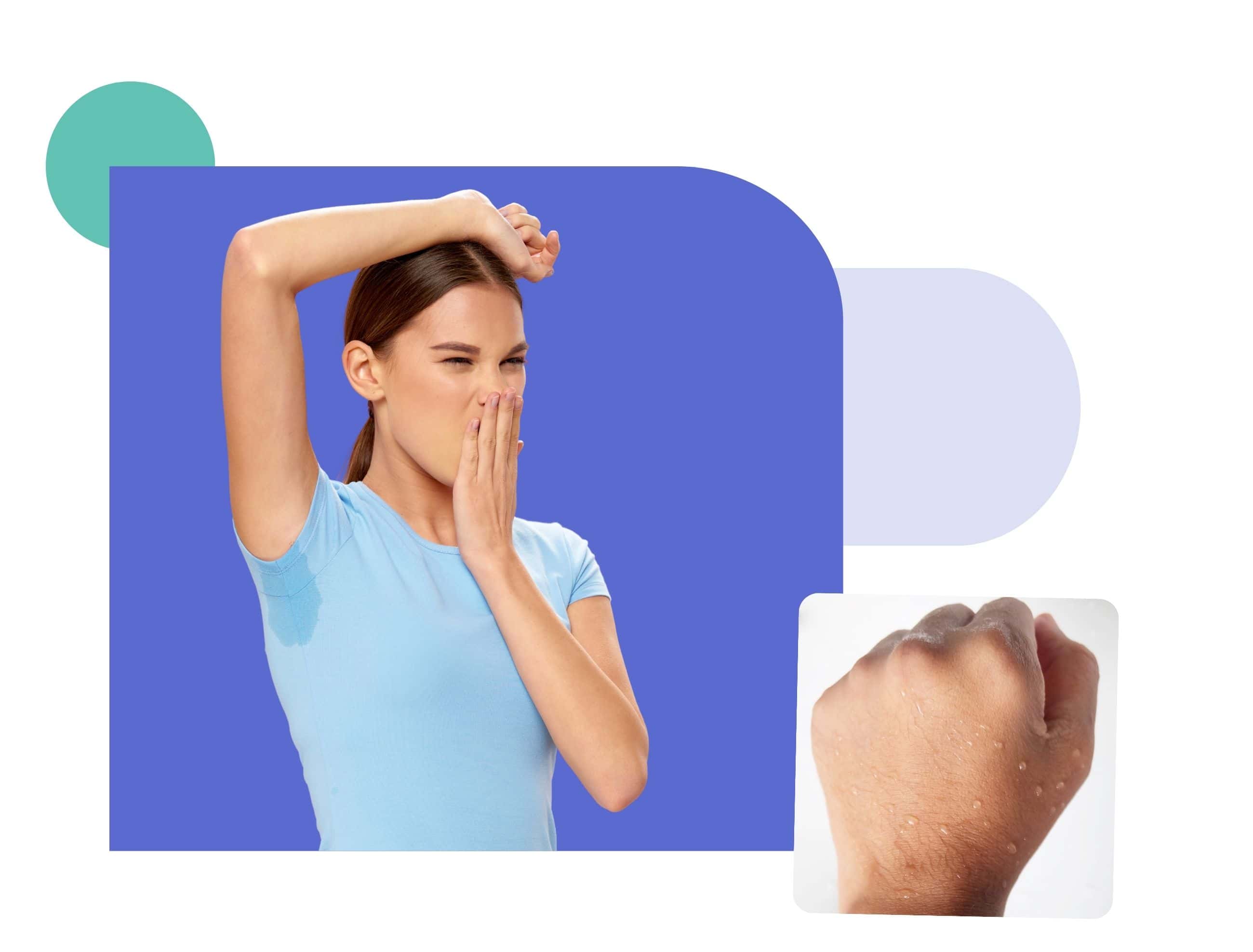 Woman experiencing excessive underarm sweating, a common symptom of hyperhidrosis, with visible sweat stains and hand perspiration