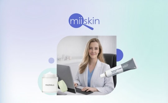 alternative to curology tretinoin, photo of dr anne allen in her office with a tretinoin cream displayed above and a foothills compounded cream shown on the other side, representing personalized online dermatology care through miiskin