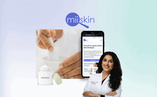 alternative to nurx tretinoin, photo of dr trisha khannan standing in the foreground with a miiskin app screen in the background showing the online dermatologist page, next to a mortar representing compounded formulas and a foothills topical cream indicating a personalized tretinoin treatment option