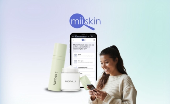 a woman on her phone with the miiskin app displayed in the background alongside foothills compounded formulas as an apostrophe pharmacy substitute