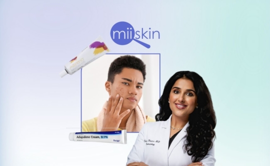 best treatment for acne a young man with acne is shown in the frame with dr trisha khanna and several acne medications