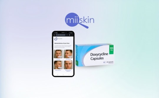 doxycycline prescription, a miiskin app displayed on a smartphone next to a doxycycline medicine