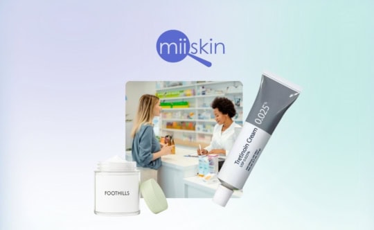 tretinoin over the counter photo of a woman at a pharmacy counter with a tretinoin cream displayed in the frame
